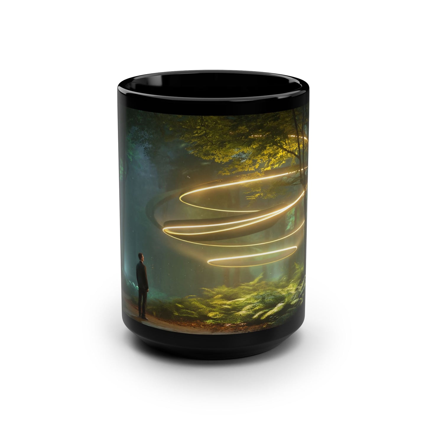 Golden Spiral Forest Black Mug, 15oz – Luminescent Light Rings on Mossy Path