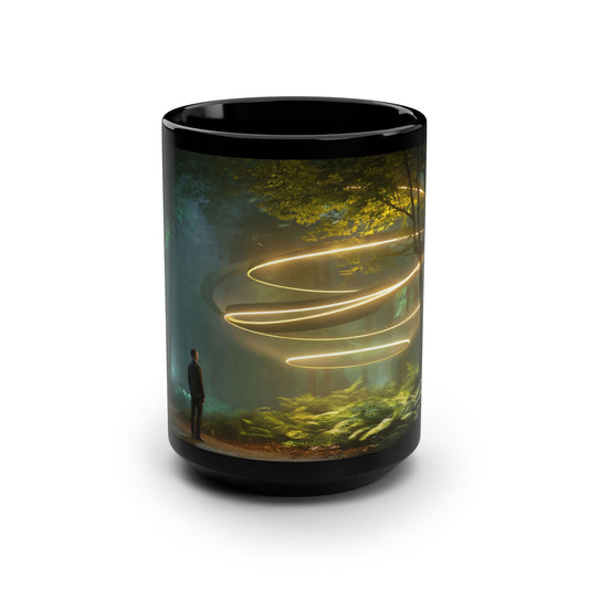 Golden Spiral Forest Black Mug, 15oz – Luminescent Light Rings on Mossy Path
