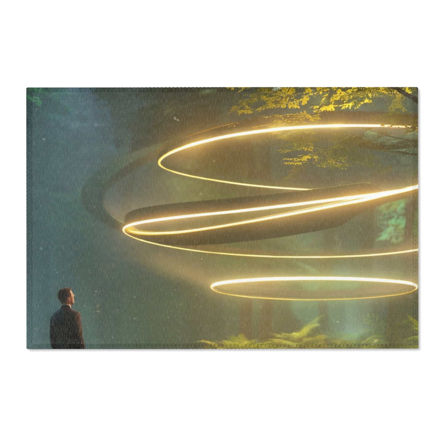 Luminous Spiral Forest Rug – Golden Orb Sanctuary