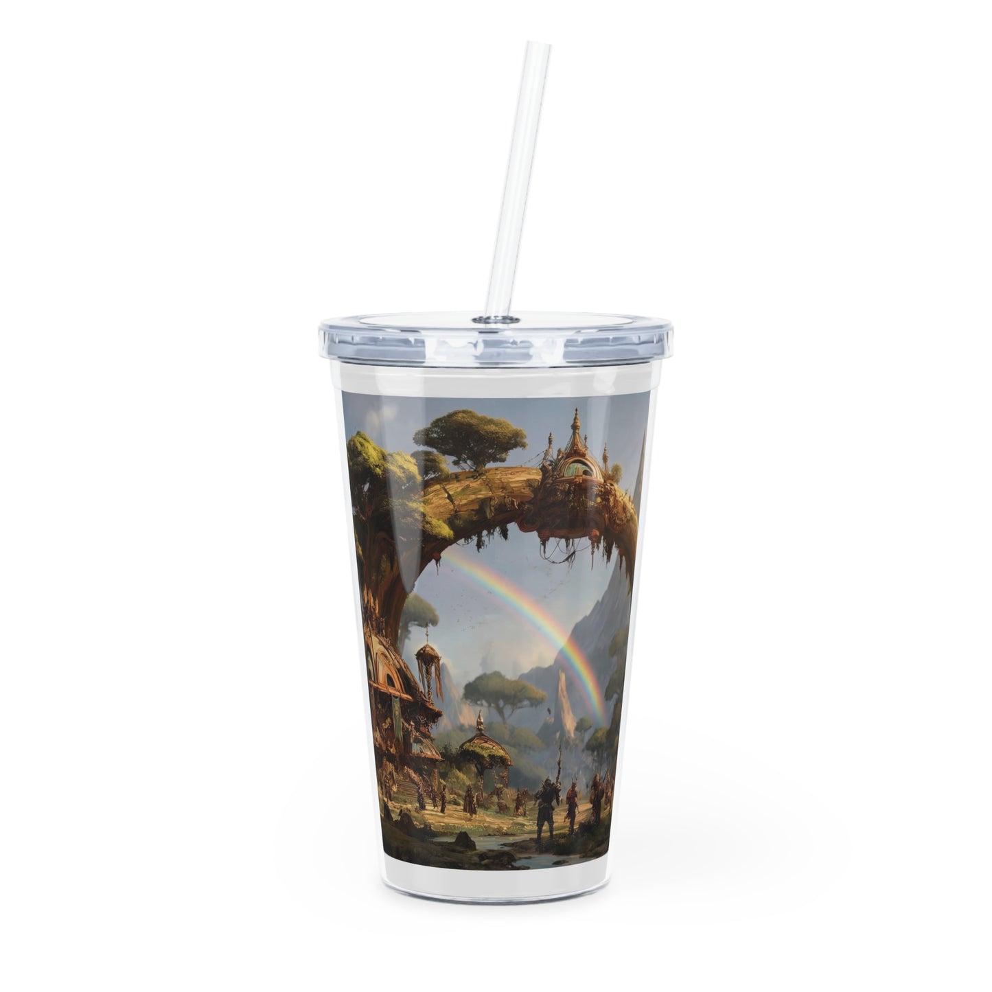 Arcane Treebridge Tumbler with Straw – Where Legends Gather Beneath Twin Rainbows