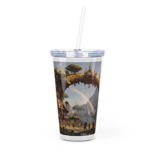 Arcane Treebridge Tumbler with Straw – Where Legends Gather Beneath Twin Rainbows