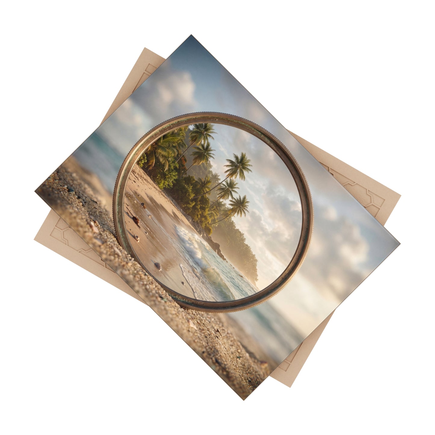 Secluded Island Through Lens Ceramic Photo Tile – Golden Hour Beach Portal