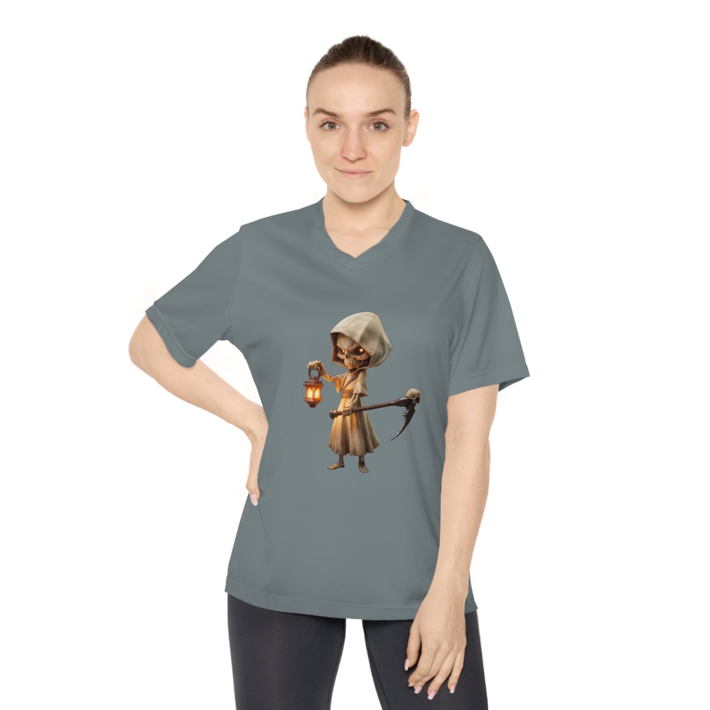Lantern Guardian Women's Performance V-Neck T-Shirt – Bone Sentinel with Gilded Flame