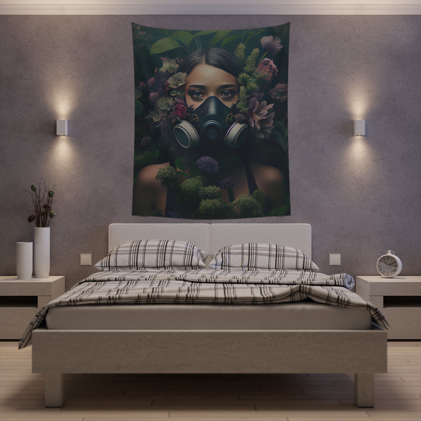 a beautiful woman wearing a gas mask filled with plants and flowers and moss - Printed Wall Tapestry