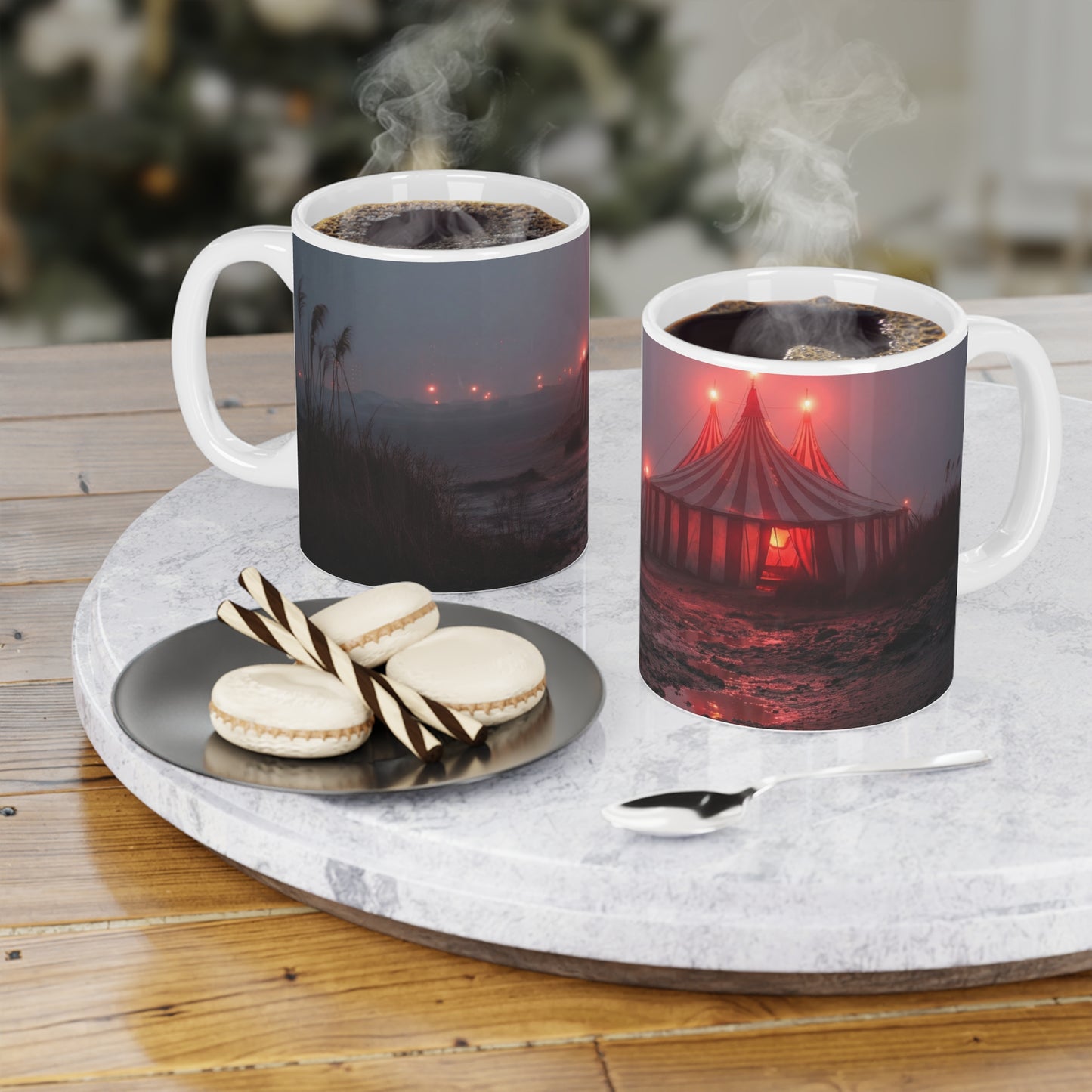 Crimson Circus Tent Ceramic Mugs (11oz\15oz\20oz) – Fogbound Wonder at Dusk