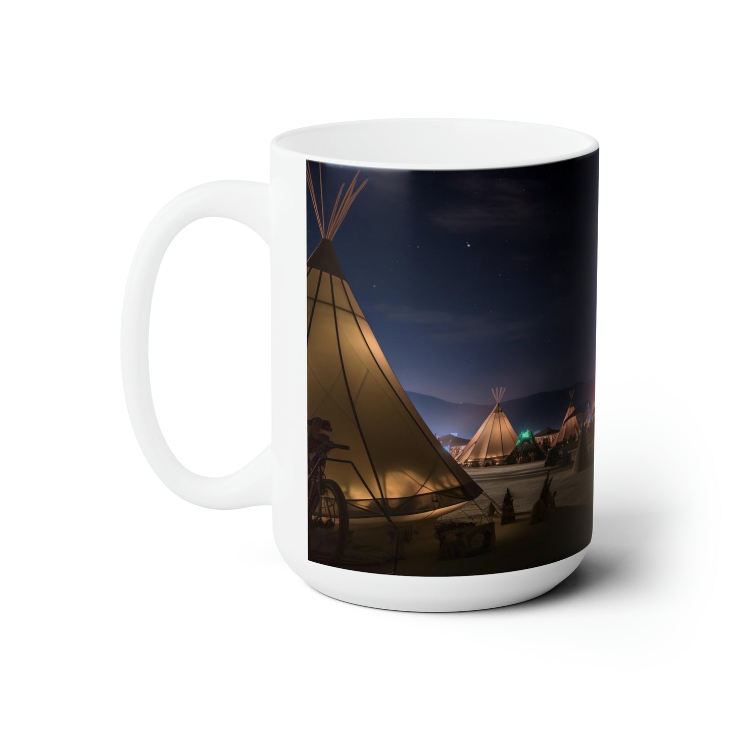 the esplanade at the burning man festival under the stars in the style of titian - Ceramic Mug 15oz