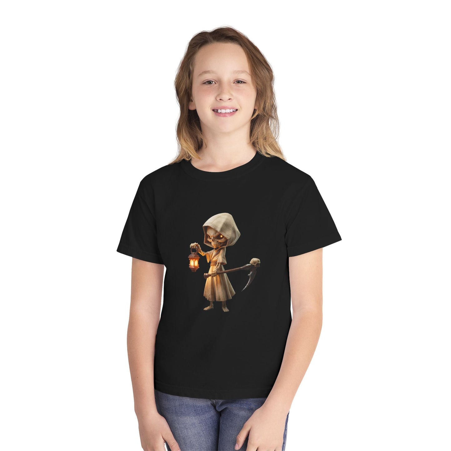 Lantern-Bearing Sentinel Youth Midweight Tee – Hooded Reaper Guardian Print