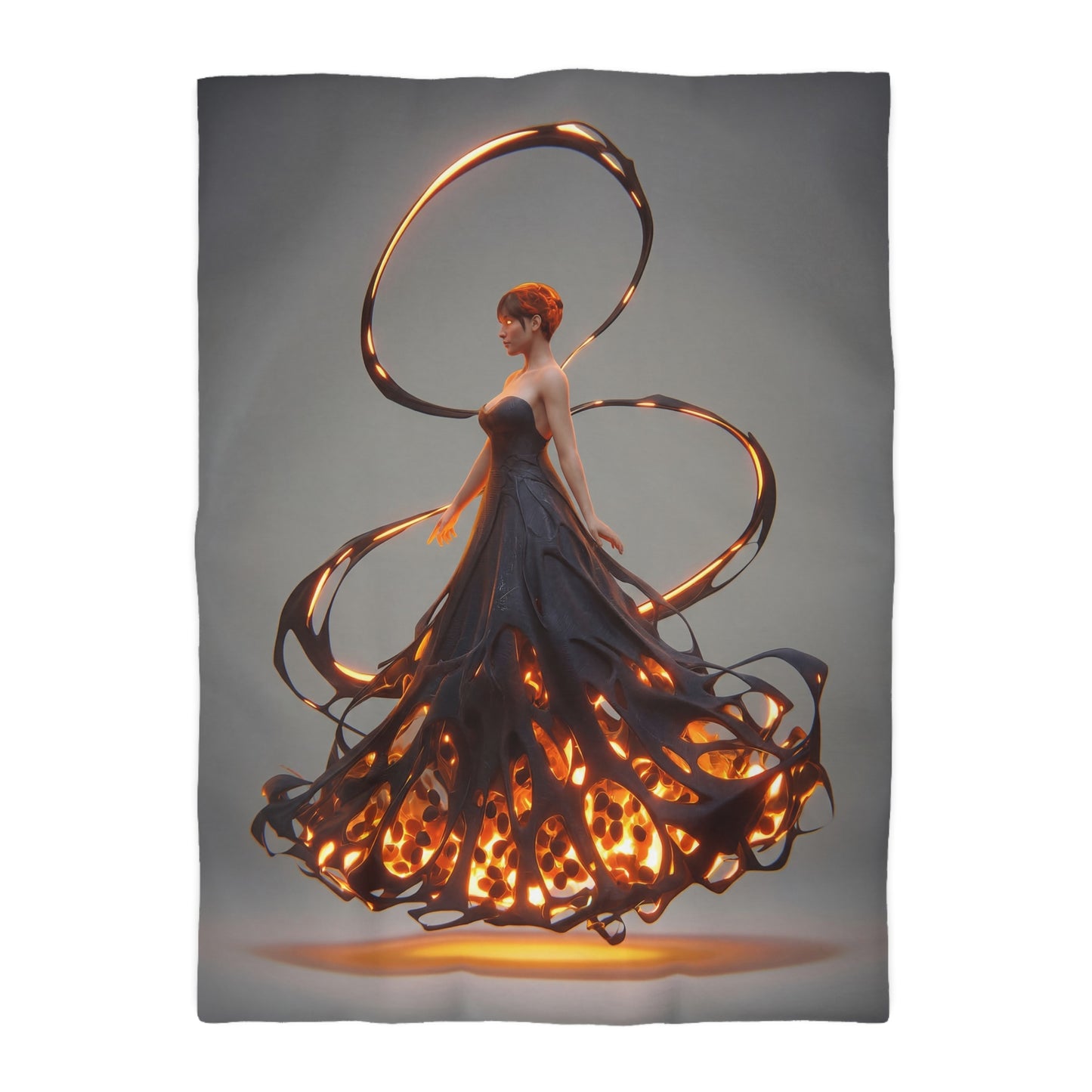 Luminescent Veil Duvet Cover – Floating Goddess in Amber Glow