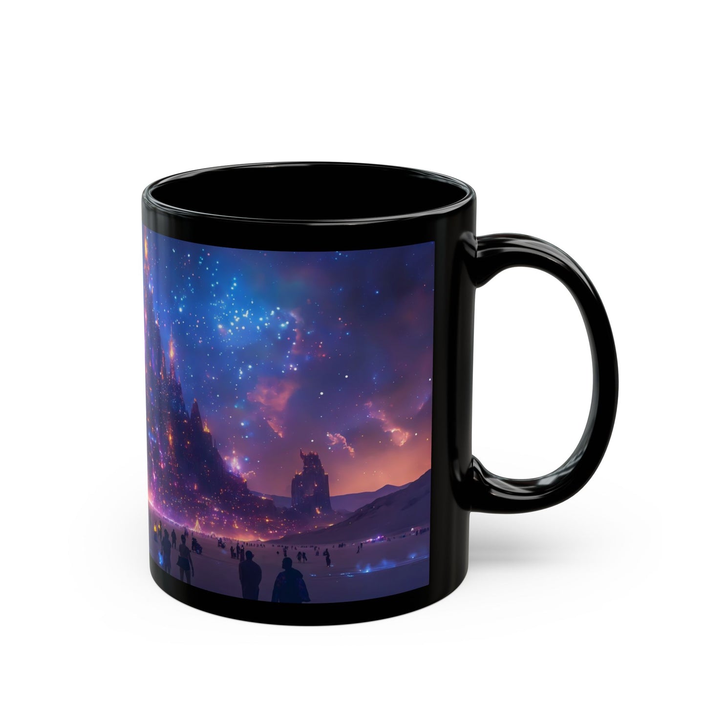 Cosmic Spire Black Mug – Night Sky Citadel Dreamscape