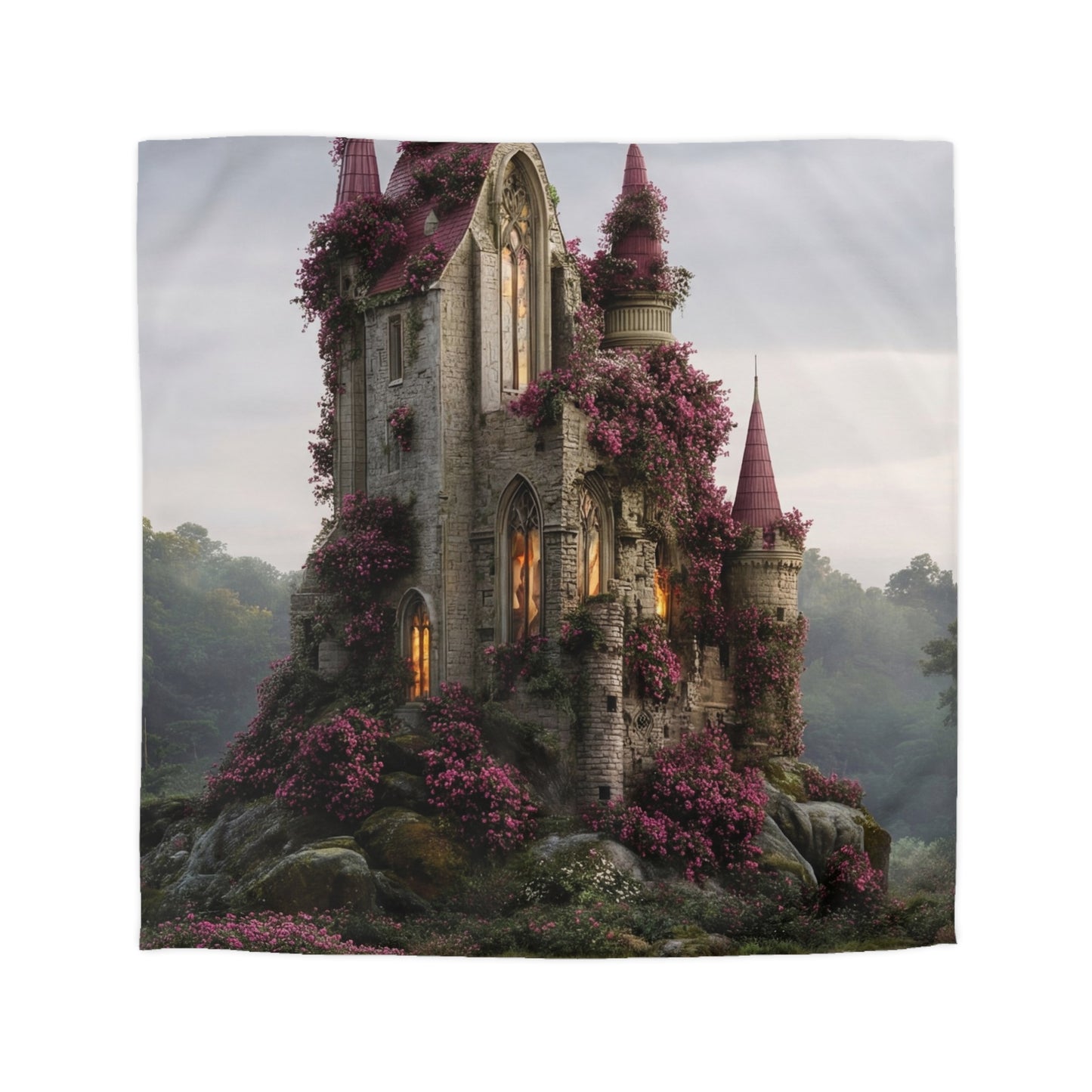 Rose-Covered Castle Microfiber Duvet Cover – Whispers of the Misty Vale