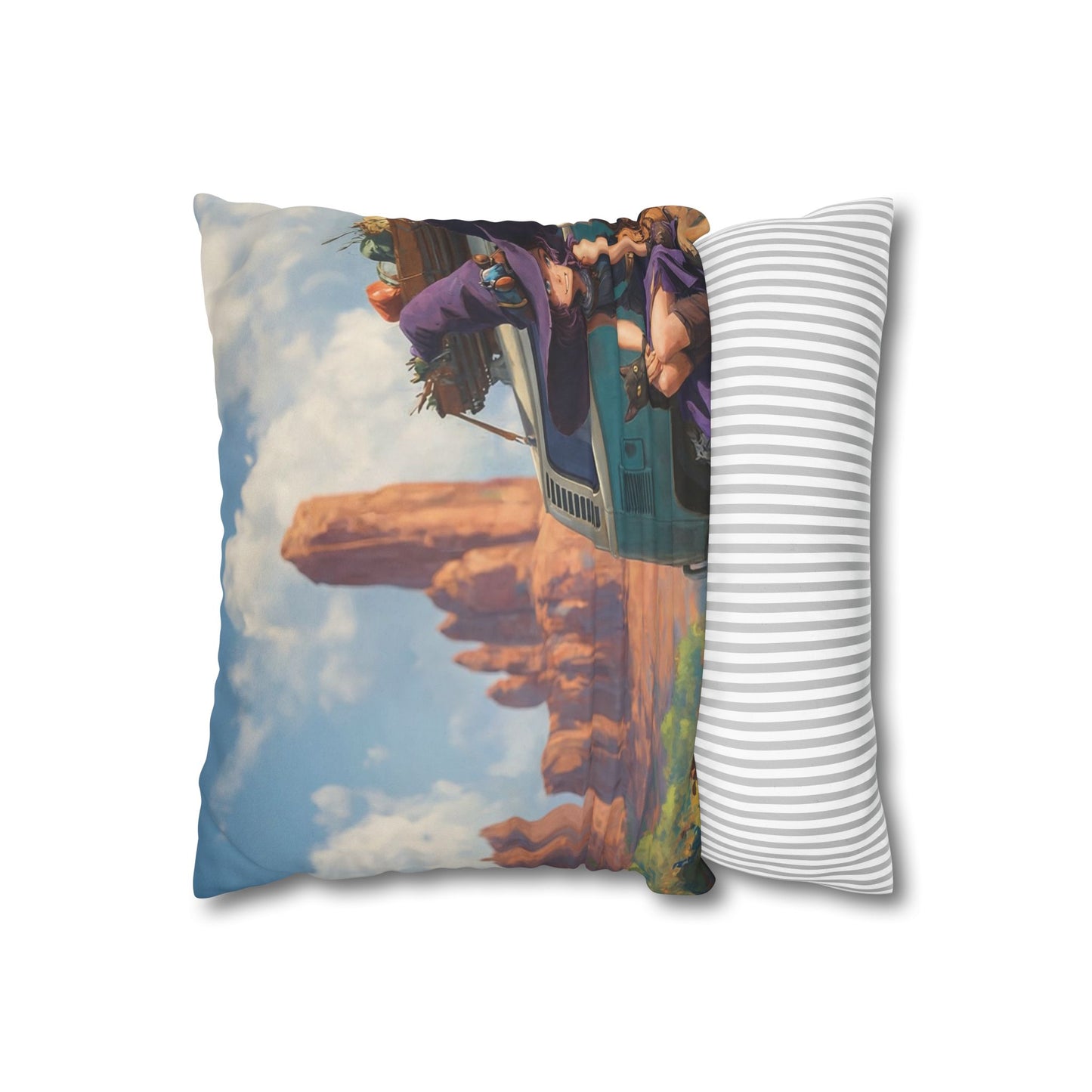 Wagon Ride Faux Suede Square Pillowcase – Desert Camper Adventure Scene