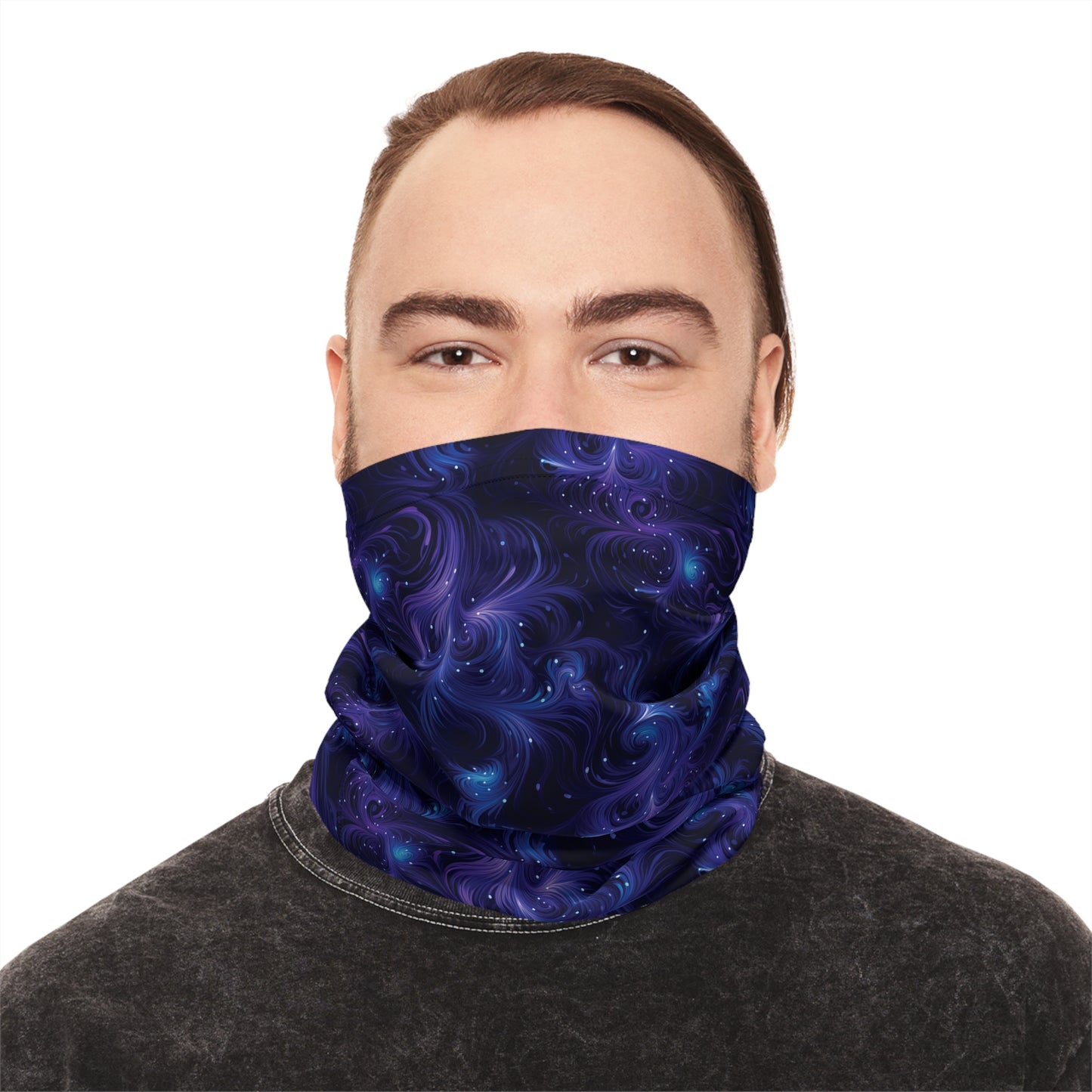 "A tiling pattern of swirling blue and purple fractal shapes reminiscent of galaxy nebulae on a midnight blue background" - Lightweight Neck Gaiter