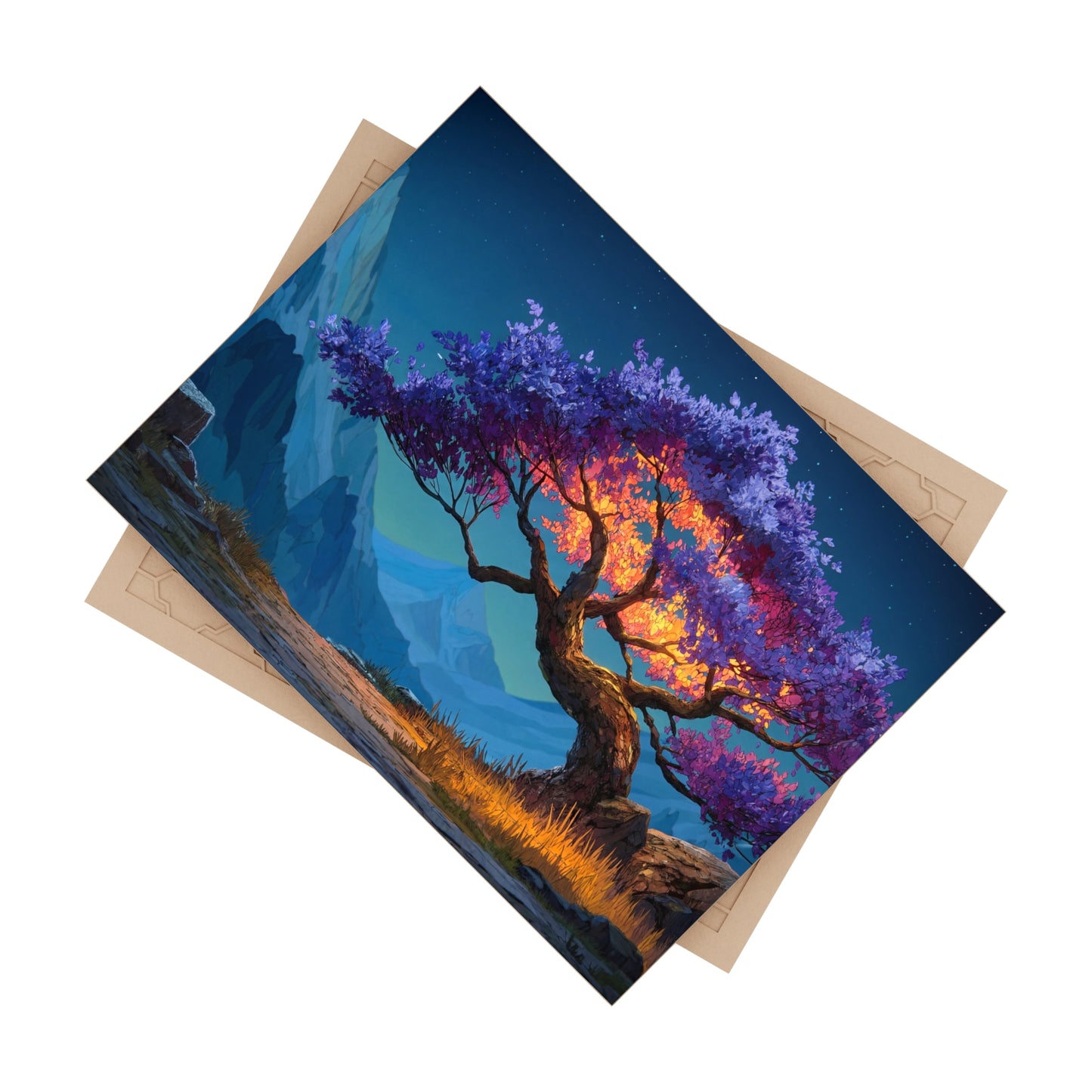 Celestial Tree Ceramic Photo Tile – Twilight Bloom Against Snow Peaks