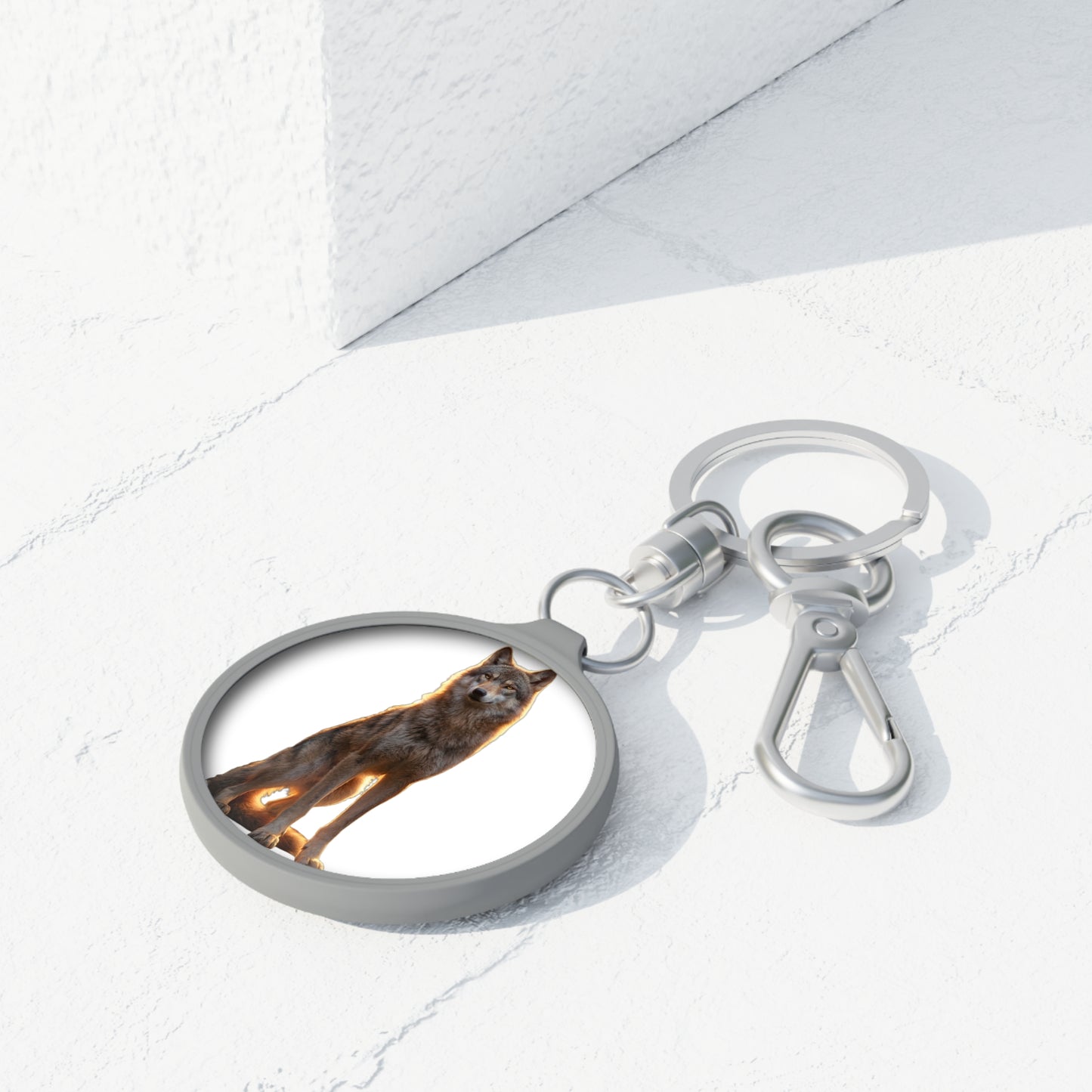 Golden Hour Wolf Keyring Tag – Silhouette Sentinel with Warm Glow