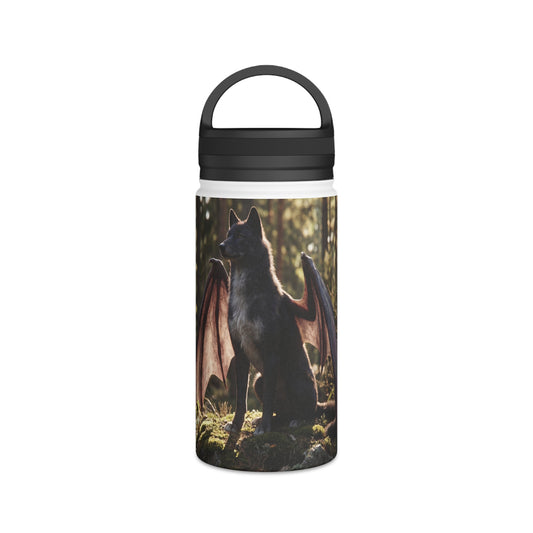 Winged Wolf in Sunlit Forest Stainless Steel Water Bottle, Handle Lid – Guardian of the Mossy Glade