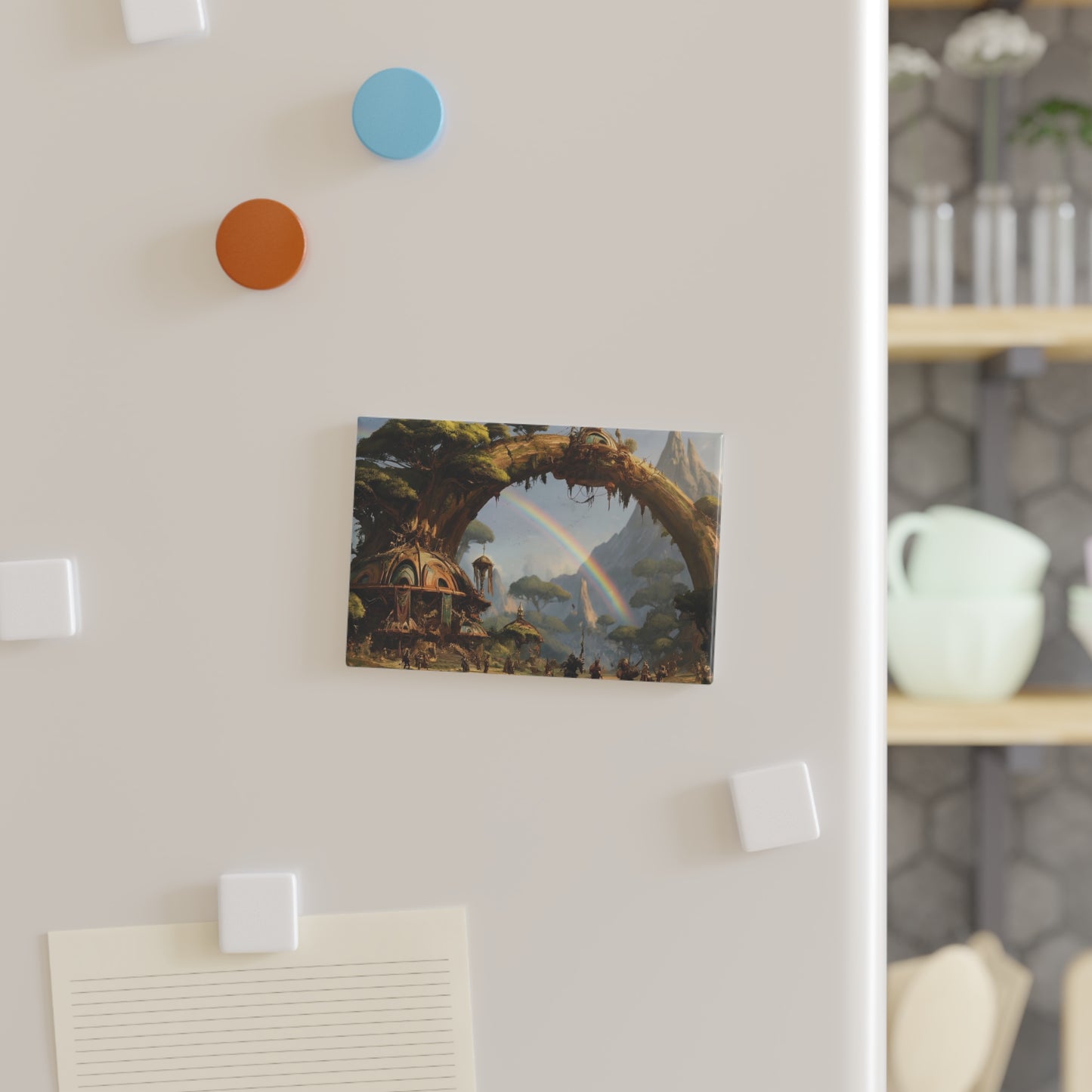 Treehouse Citadel Button Magnet, Rectangle (1 & 10 pcs) – Where Rainbows Arch Over Ancient Roots