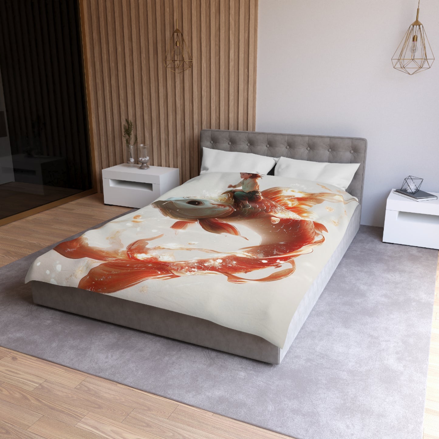 Child on Celestial Koi Microfiber Duvet Cover – Warm Glow Dreamscape