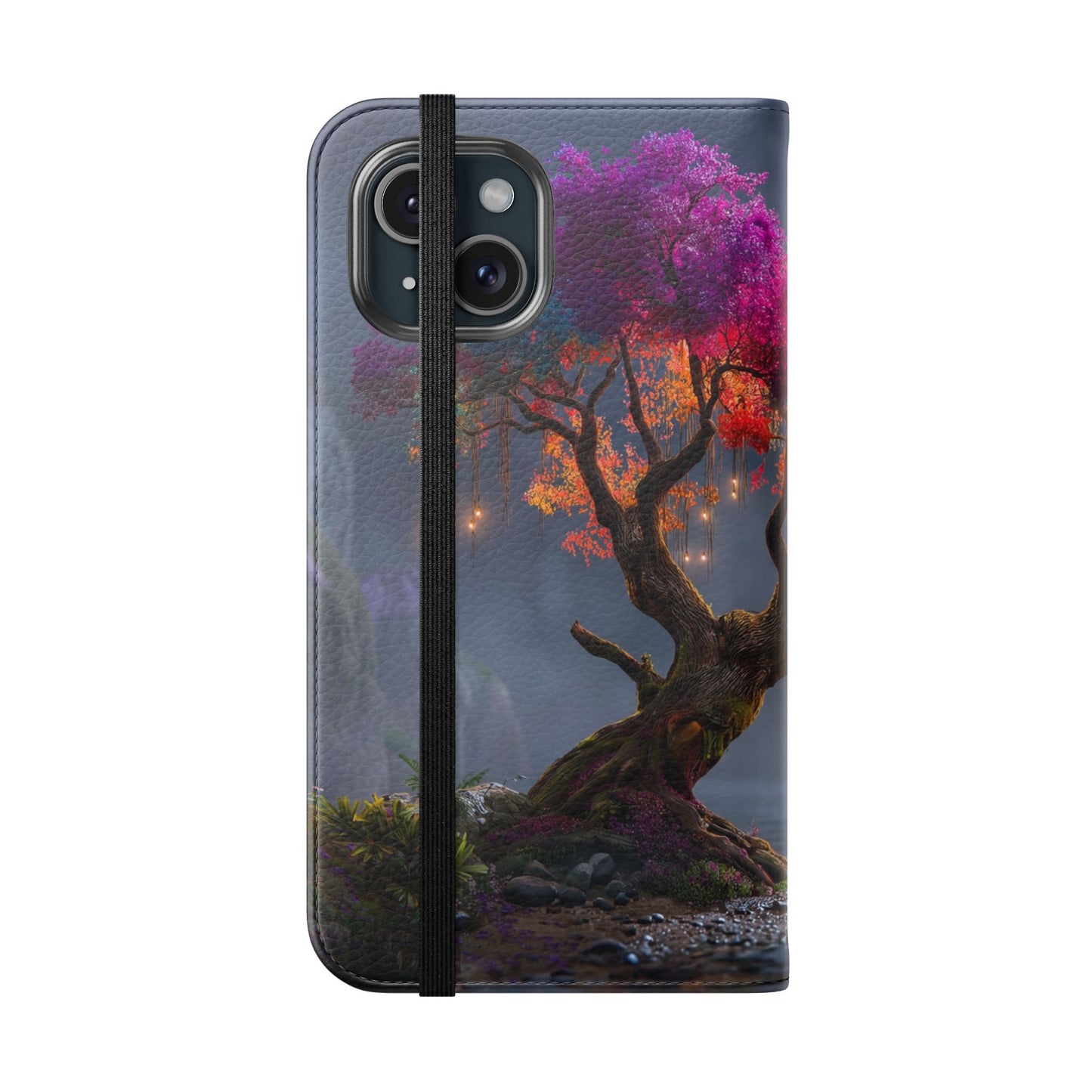 Chromatic Canopy Flip Cases – Rainbow Tree Moonlit Waterfall Scene