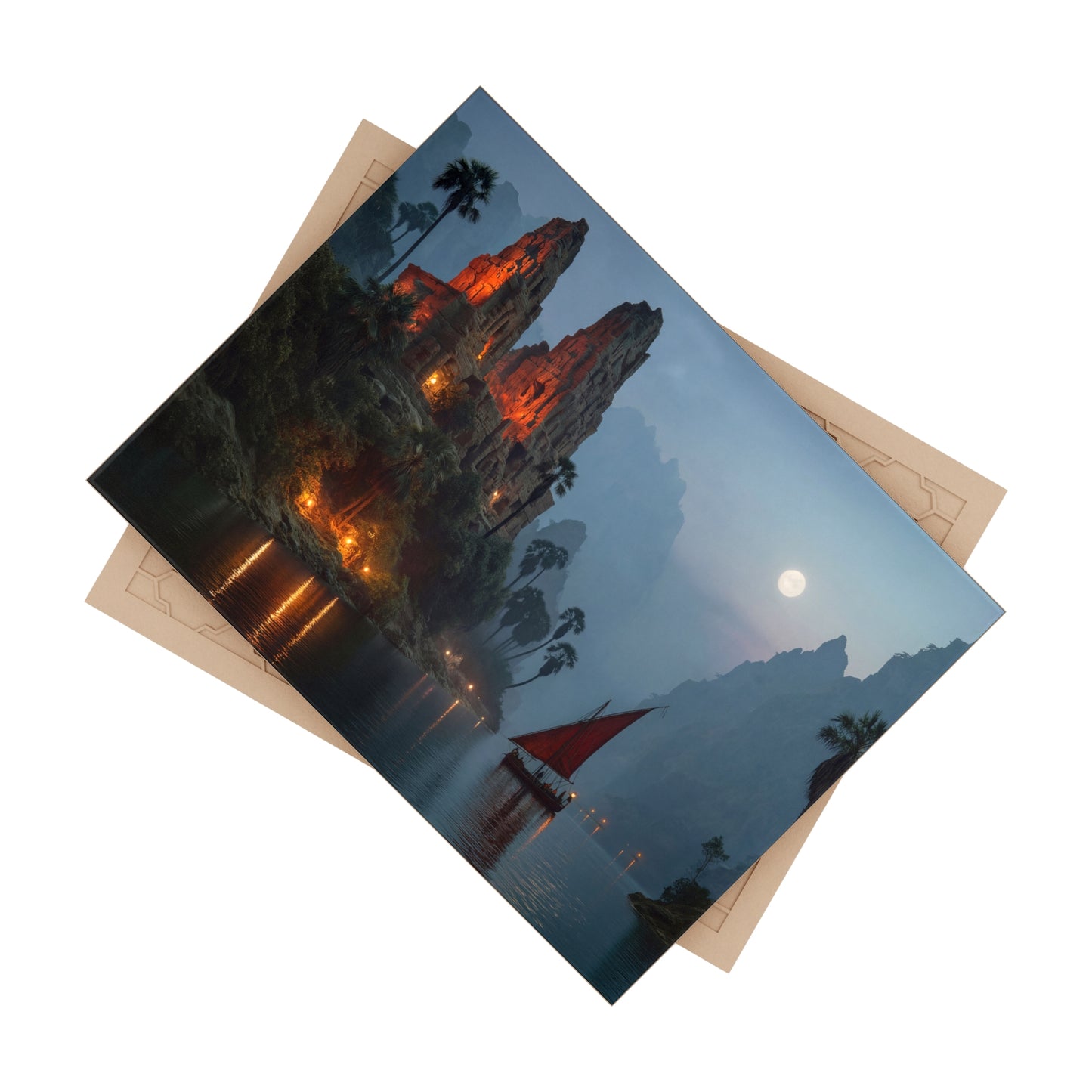 Moonlit Temple Ruins Ceramic Photo Tile – Crimson Glow Through Misty Canyons