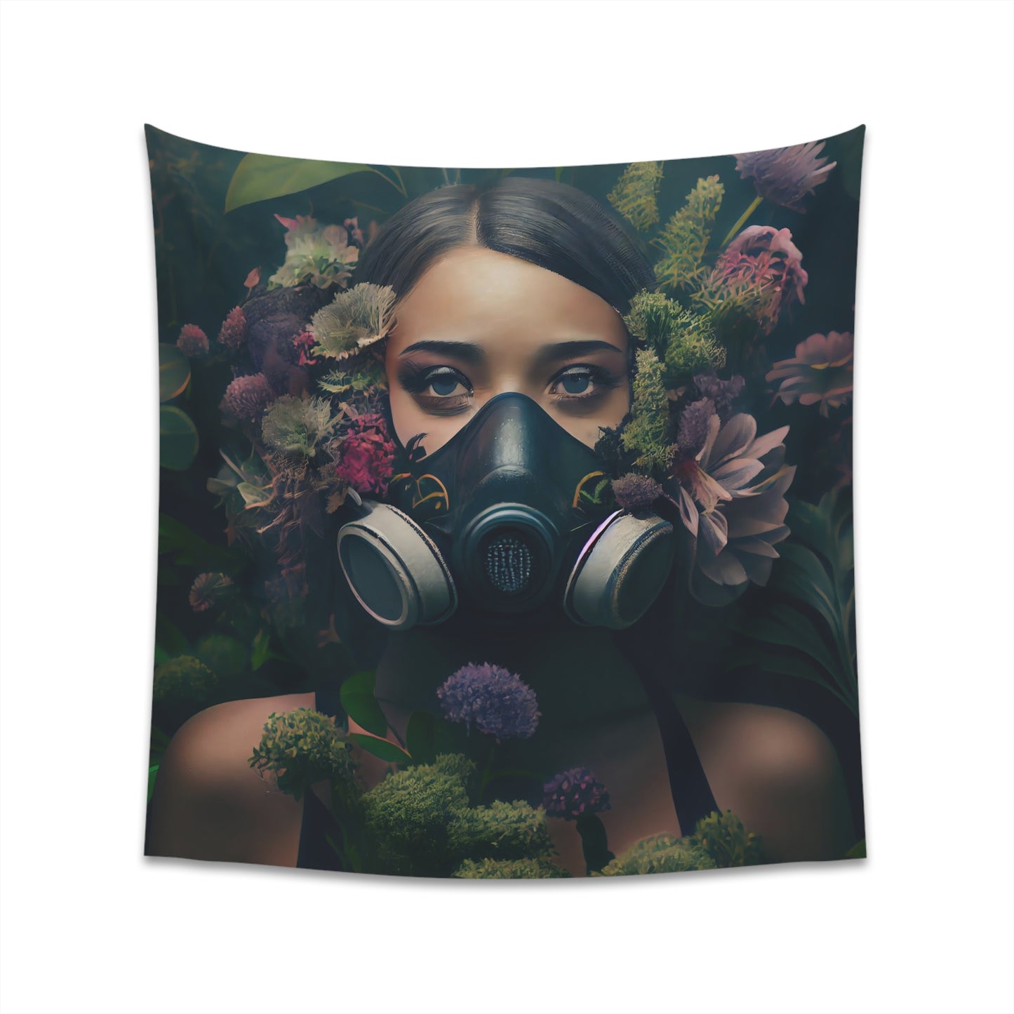 a beautiful woman wearing a gas mask filled with plants and flowers and moss - Printed Wall Tapestry