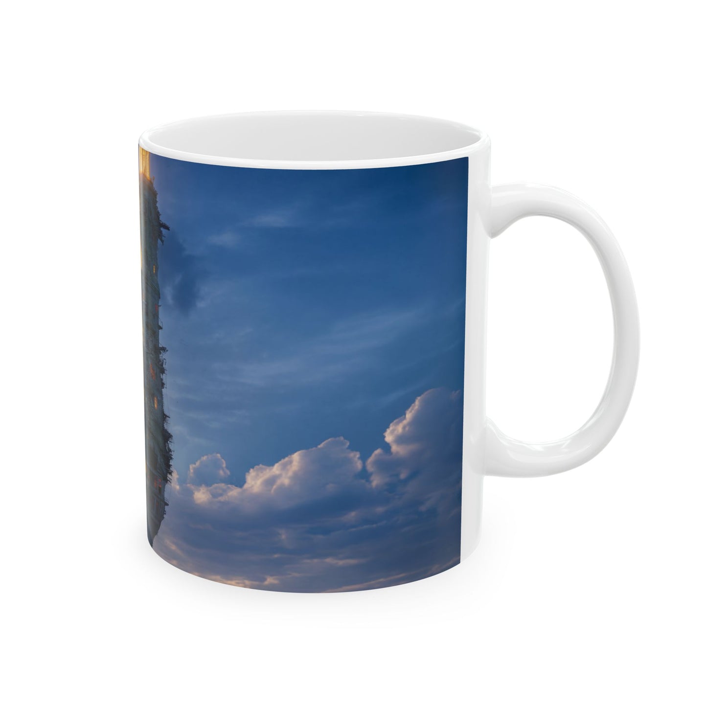 Skyborne Lighthouse Ceramic Mug – Twilight Beacon in the Clouds