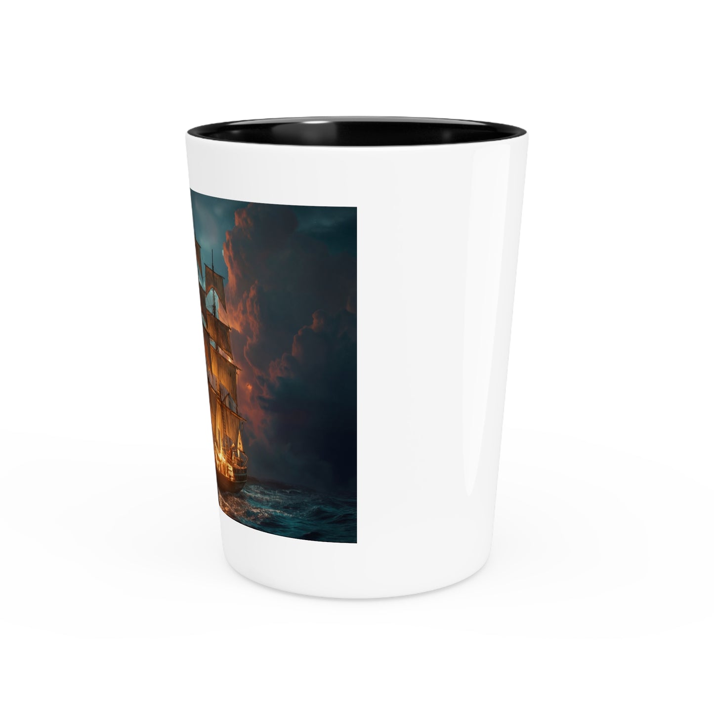 Stormbound Galleon Shot Glass – Golden Sails Against Burning Clouds