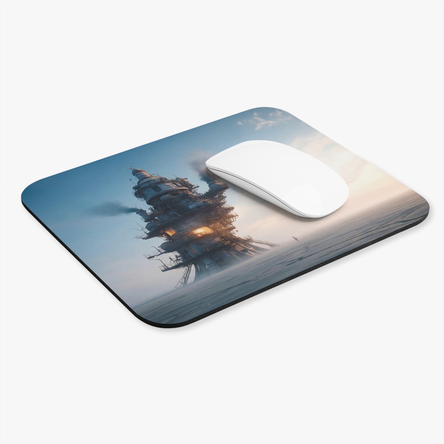 Skyward Spire Mouse Pad (Rectangle) – A lone traveler approaches a steampunk tower at dawn