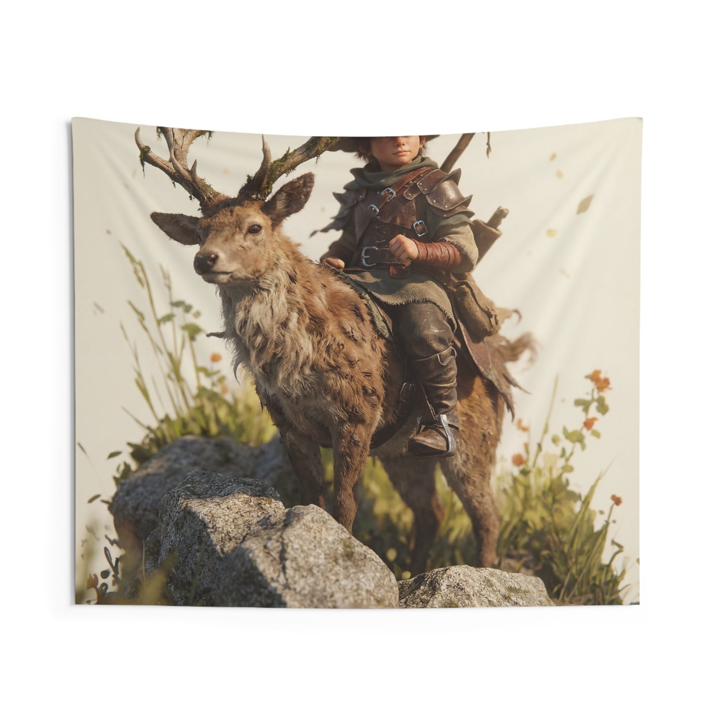 Boy with Antlered Deer Indoor Wall Tapestries – Whispering Woods Companion