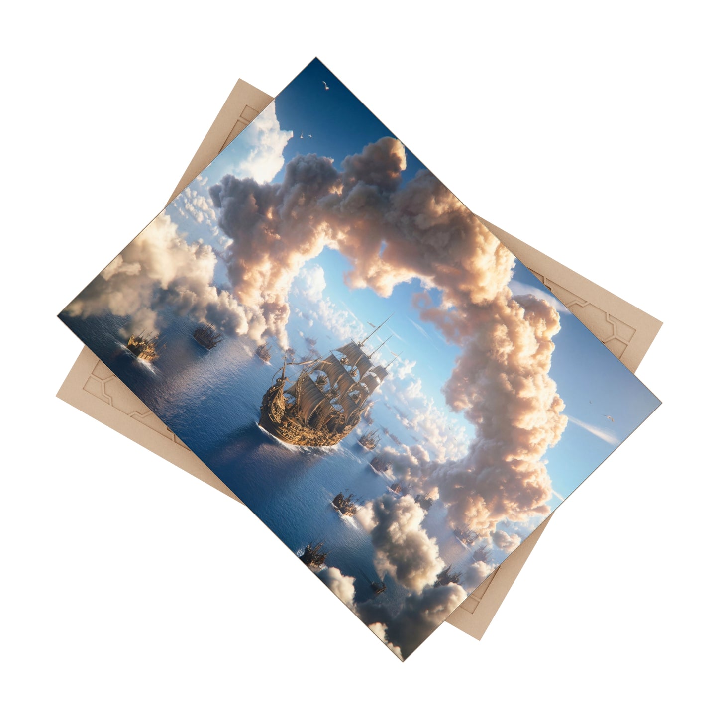 Armada Through the Clouds Ceramic Photo Tile – Golden Fleet on Azure Seas