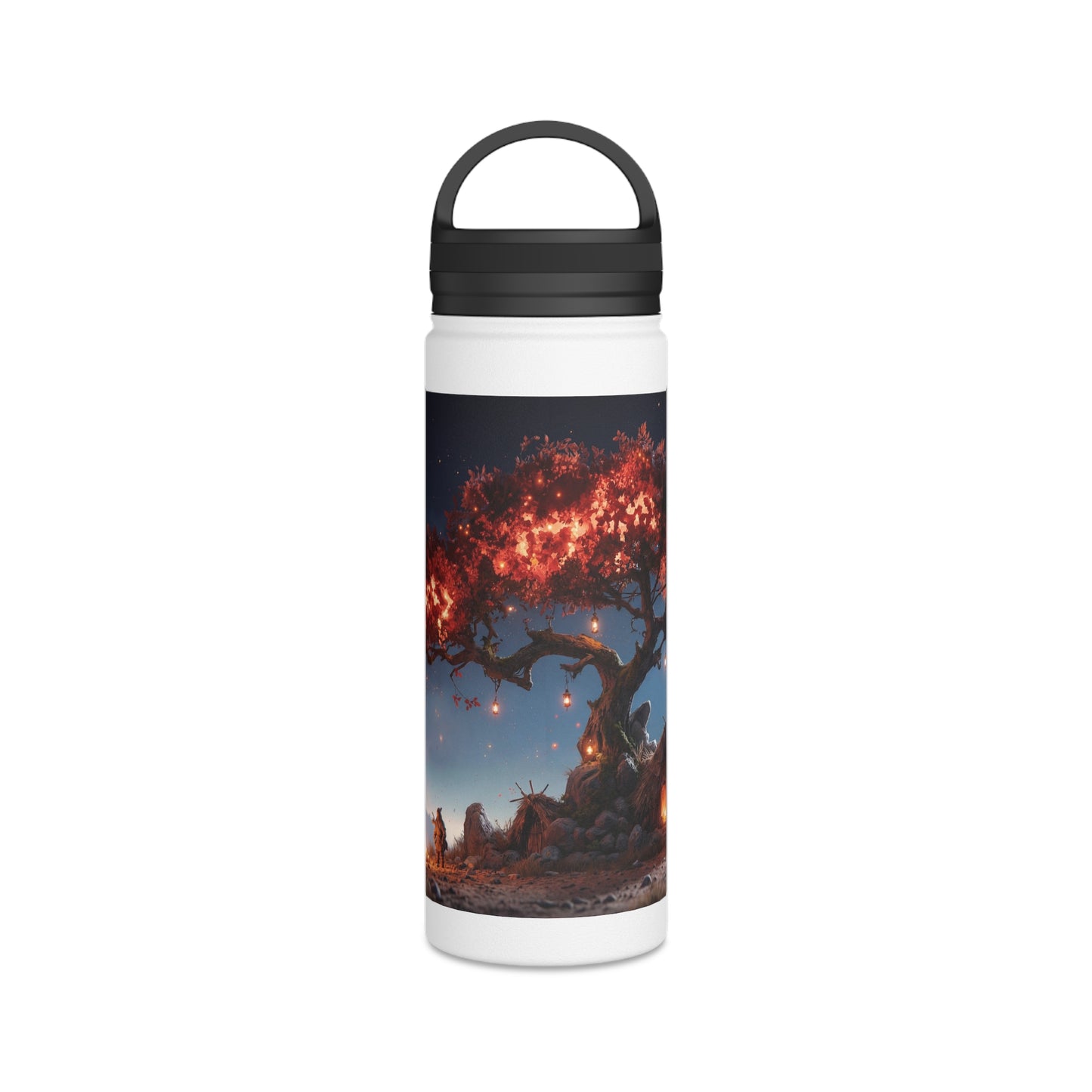 Whispering Flame Tree Stainless Steel Water Bottle, Handle Lid – Moonlit Campfire Sanctuary