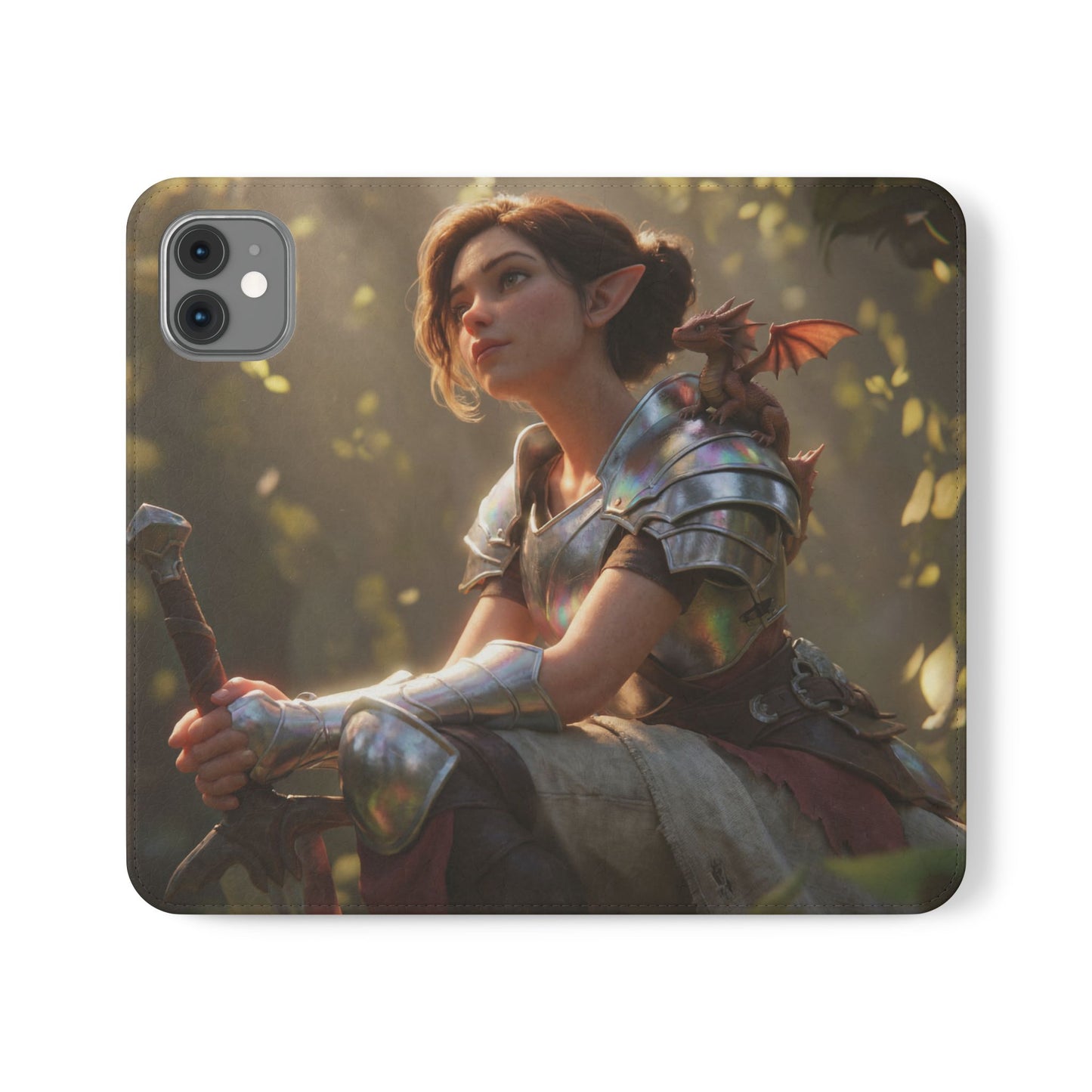 Elven Knight with Dragon Flip Cases – Iridescent Armor & Tiny Guardian Portrait