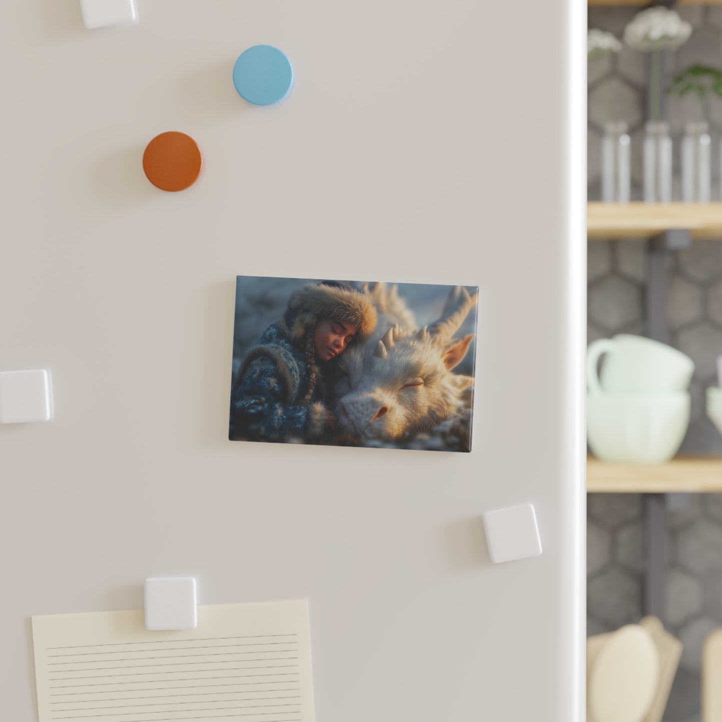 Girl and White Dragon Button Magnet, Rectangle (1 & 10 pcs) – Sunset Sanctuary