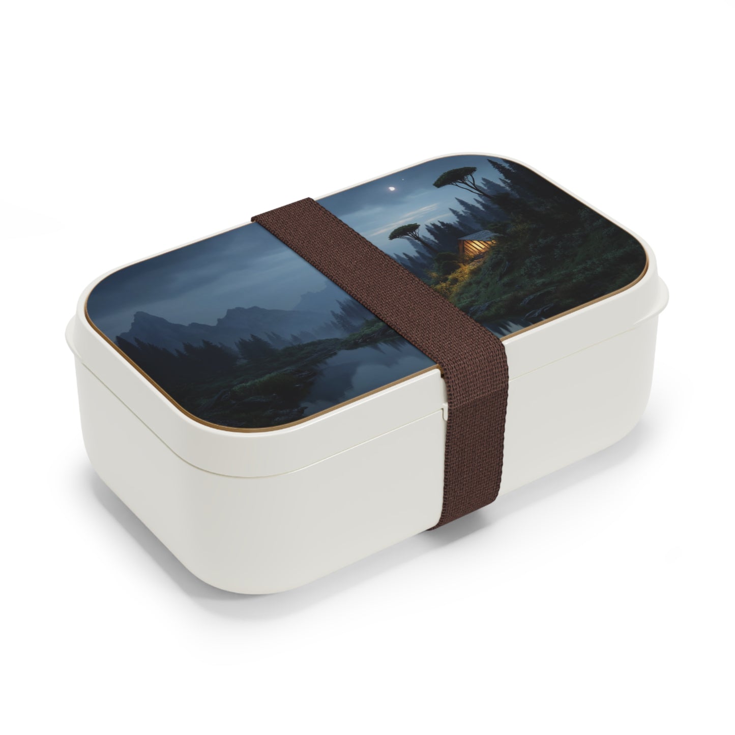 Moonlit Mountain Cabin Bento Lunch Box – Warm Light in the Deep Forest