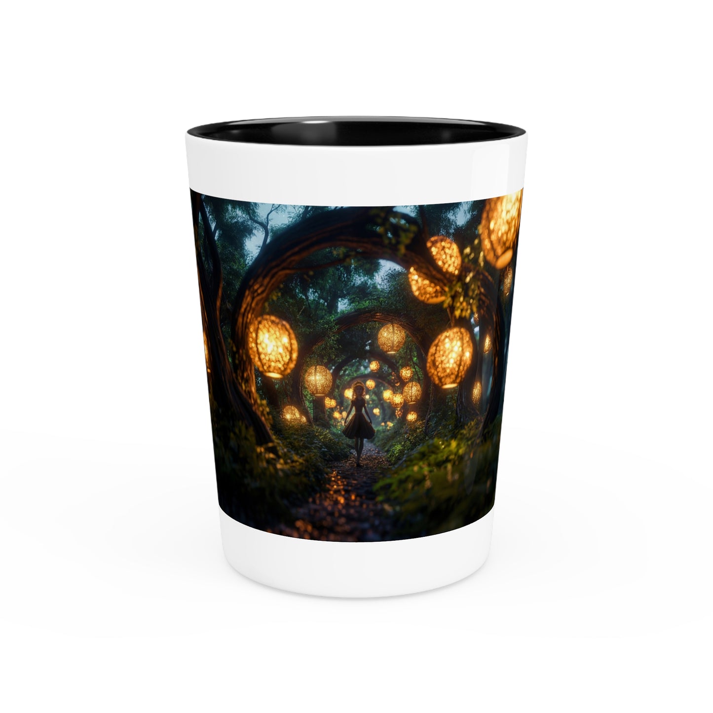 Luminous Forest Path Shot Glass – Warm Lanterns Through Ancient Trees