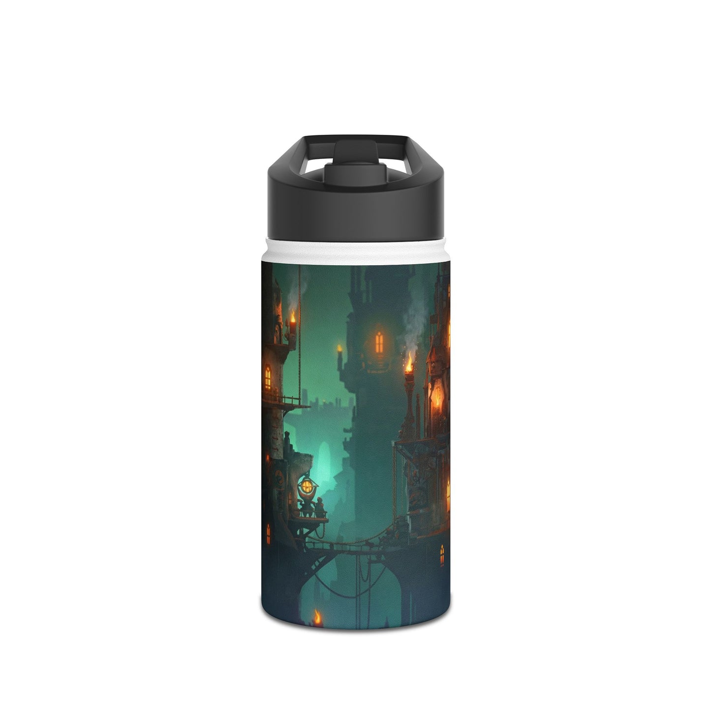 Floating City of Gilded Sparks Stainless Steel Water Bottle, Standard Lid – Neon Fog & Ember-Lit Towers