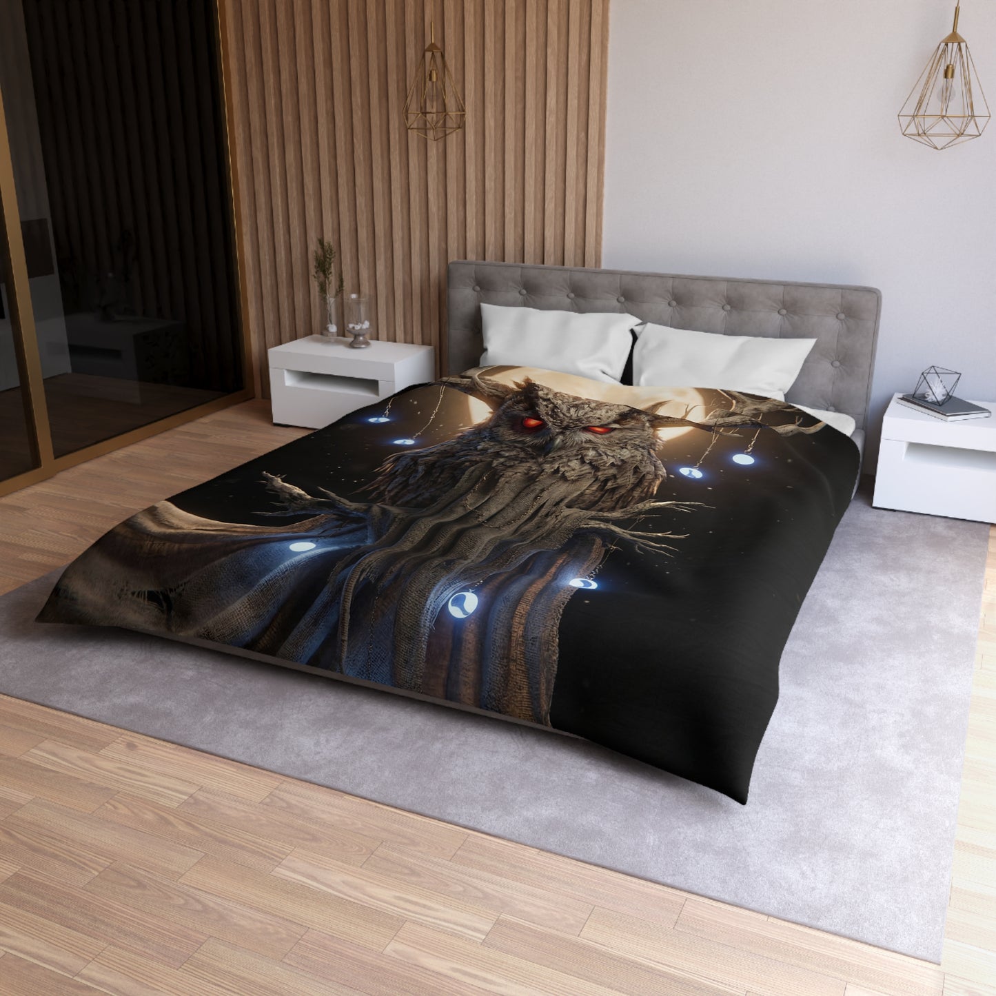 Moonlit Owl Sentinel Microfiber Duvet Cover – Crimson-Eyed Watcher of the Night