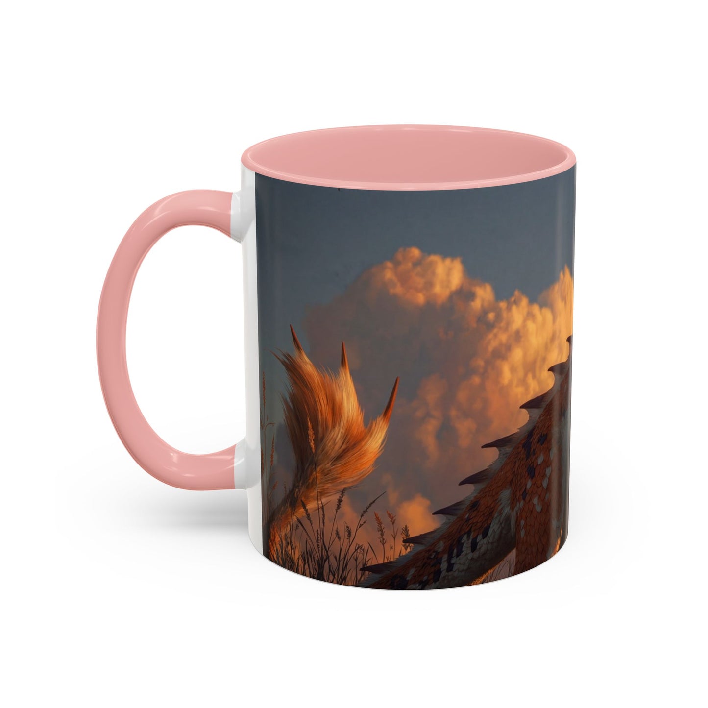 Sunset Dragon Accent Coffee Mug (11, 15oz) – Warm Ember Guardian in Golden Grasses