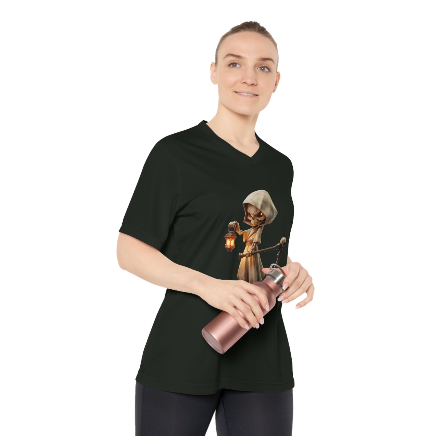 Lantern Guardian Women's Performance V-Neck T-Shirt – Bone Sentinel with Gilded Flame