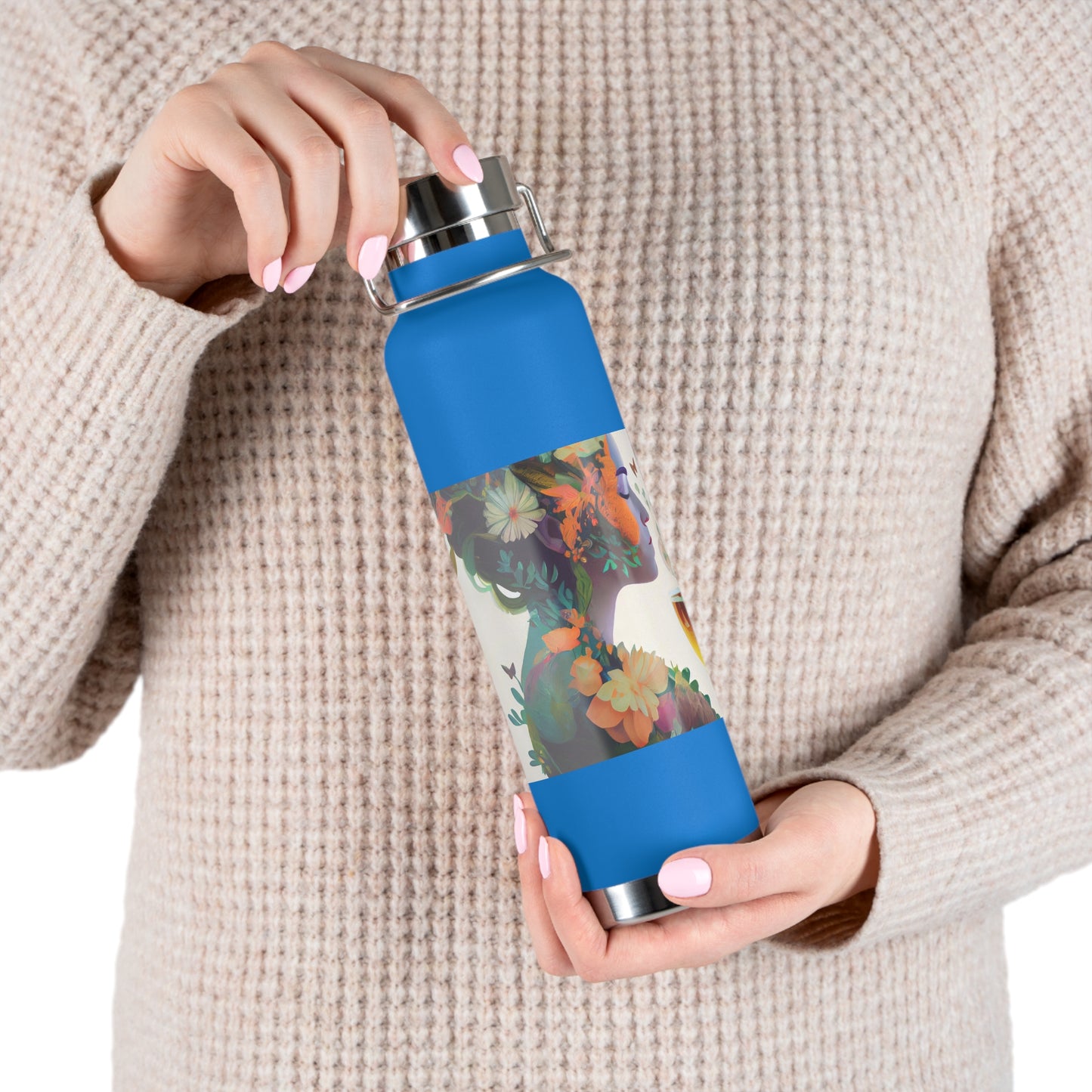 character design, double exposure shot, front profile of a beautiful tea faerie filled with a blooming amazonian jungle, happiness - Copper Vacuum Insulated Bottle, 22oz