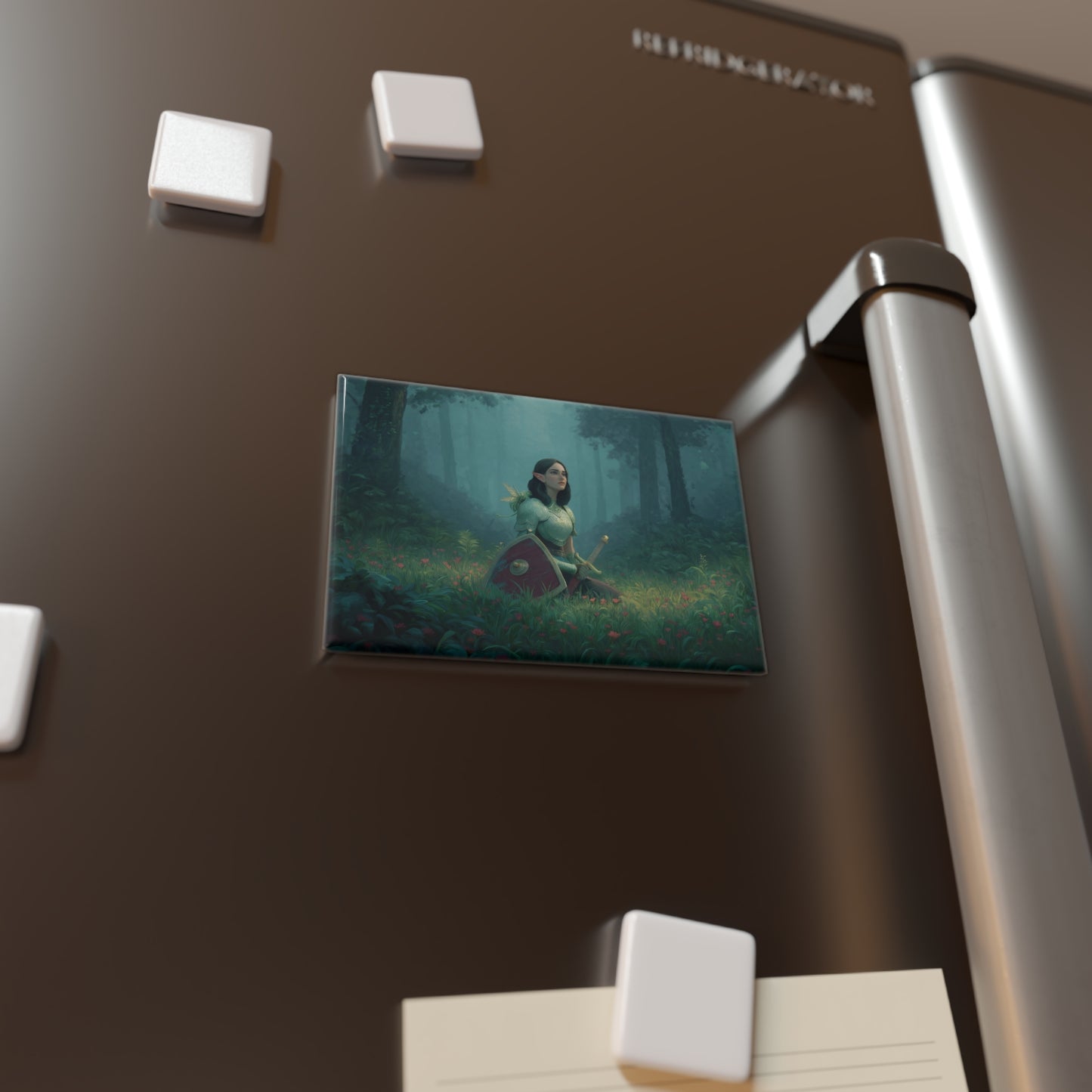 Elven Warrior in Misty Grove Button Magnet, Rectangle (1 & 10 pcs) – Guardian of the Whispering Woods