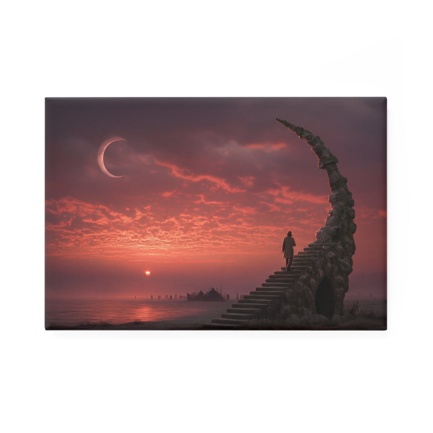 Crimson Moonlit Staircase Button Magnet, Rectangle (1 & 10 pcs) – Twilight Sentinel’s Ascent
