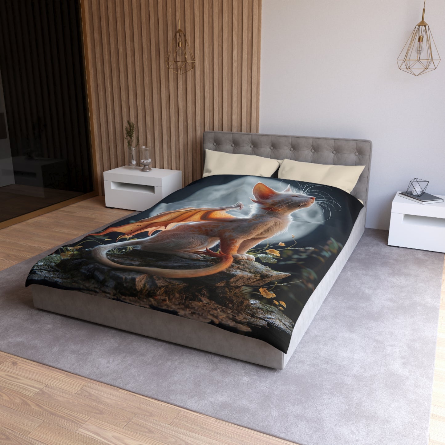 Lunar Dragon Cat Microfiber Duvet Cover – Moonlit Sentinel Dreamscape