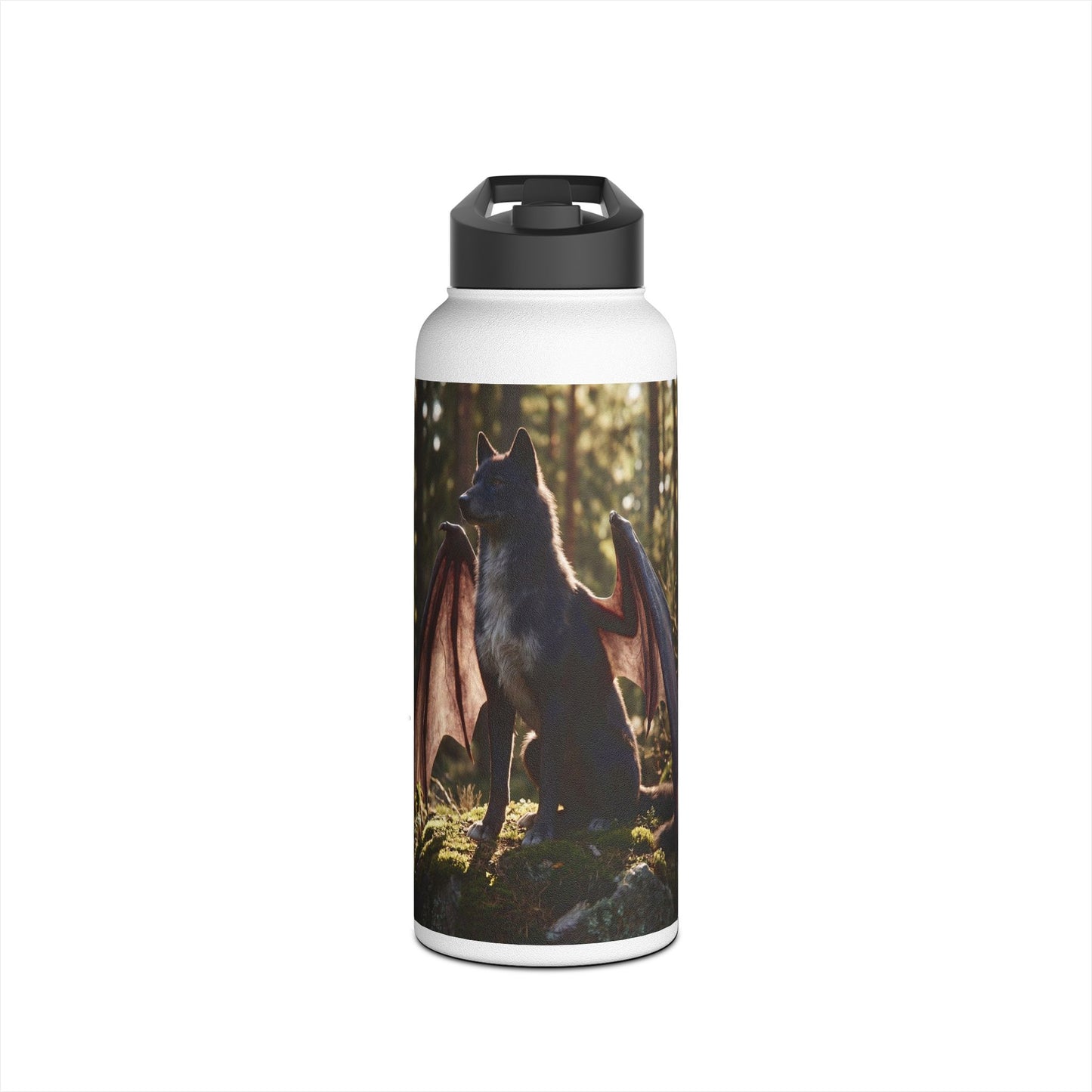 Winged Wolf in Sunlit Grove Stainless Steel Water Bottle, Standard Lid – Guardian of the Mossy Pines