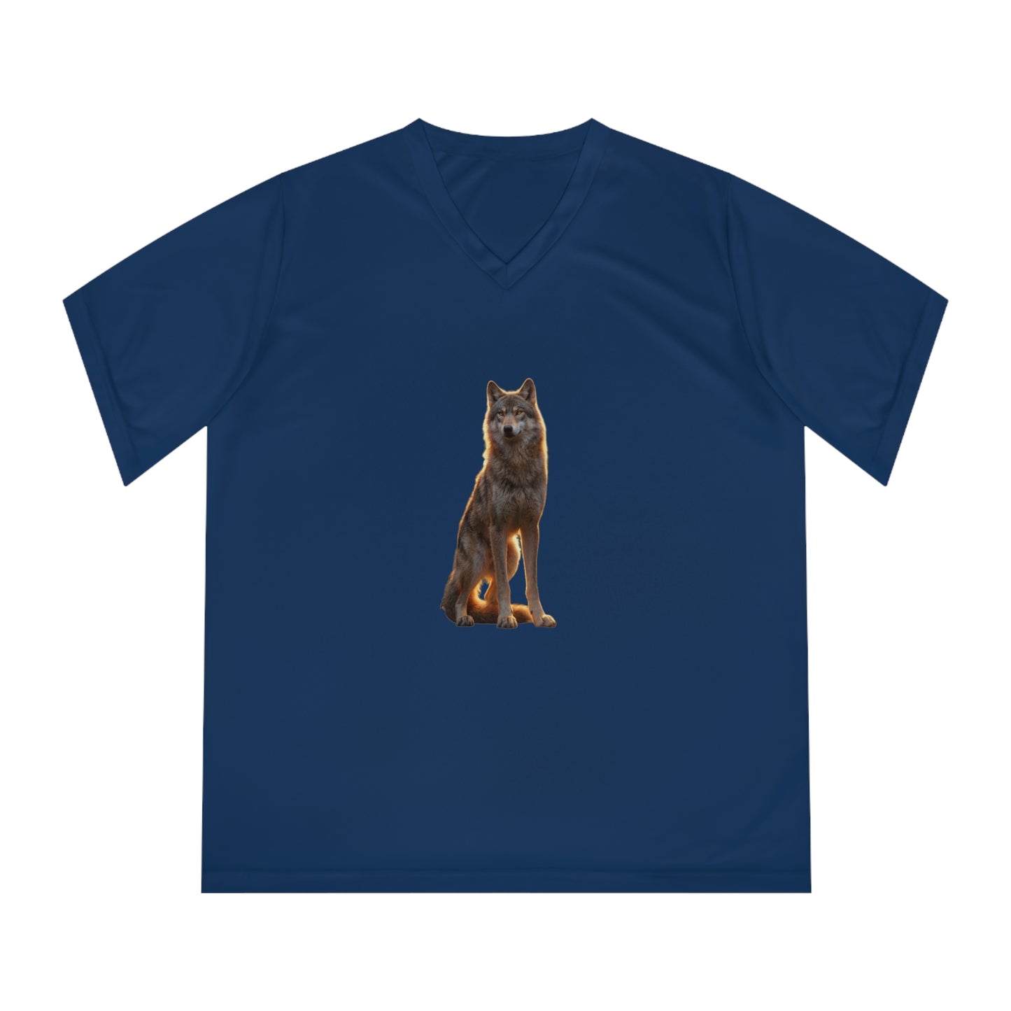 Golden Sentinel Wolf Women's Performance V-Neck T-Shirt – Amber Glow on Black