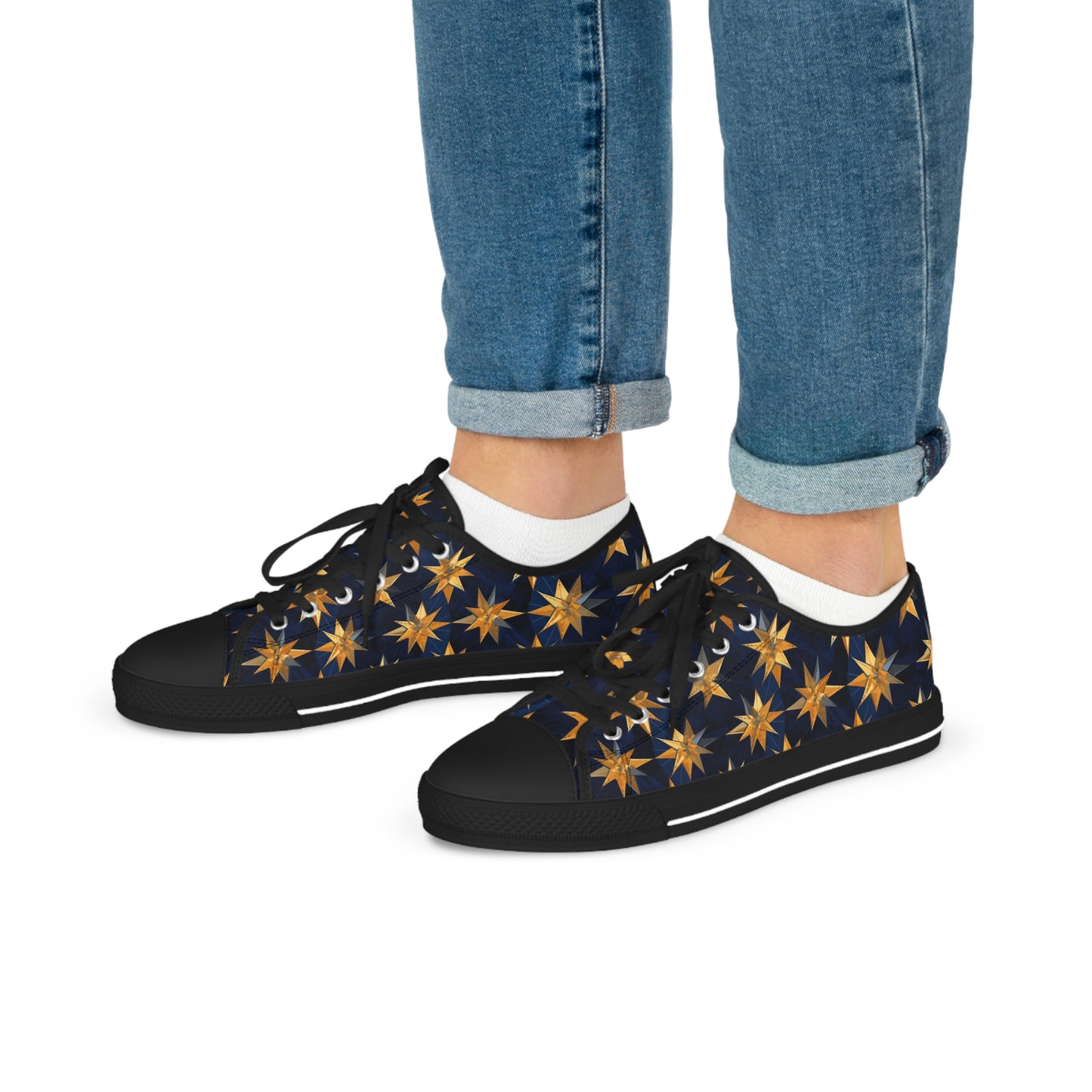 "A kaleidoscopic pattern of geometric star formations radiating from a central point, using a palette of deep sapphire, smoky quartz, and dark citrine hues." - Men's Low Top Sneakers