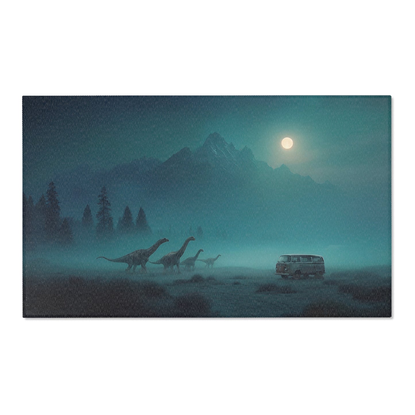 Moonlit Dinosaur Migration Rug – Vintage Van & Misty Peaks