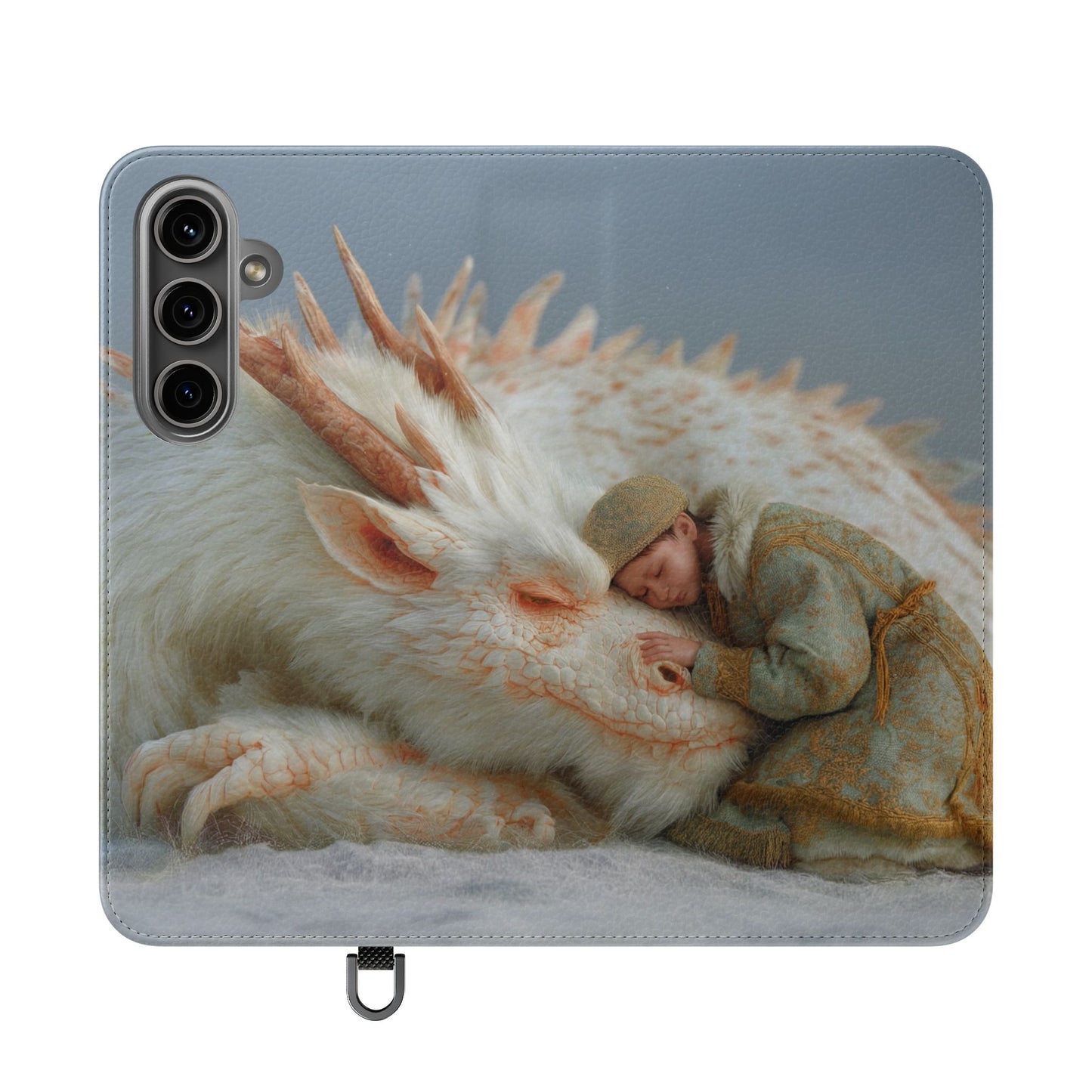 Sleeping Child and Dragon Flip Cases – Snowy Guardian Embrace
