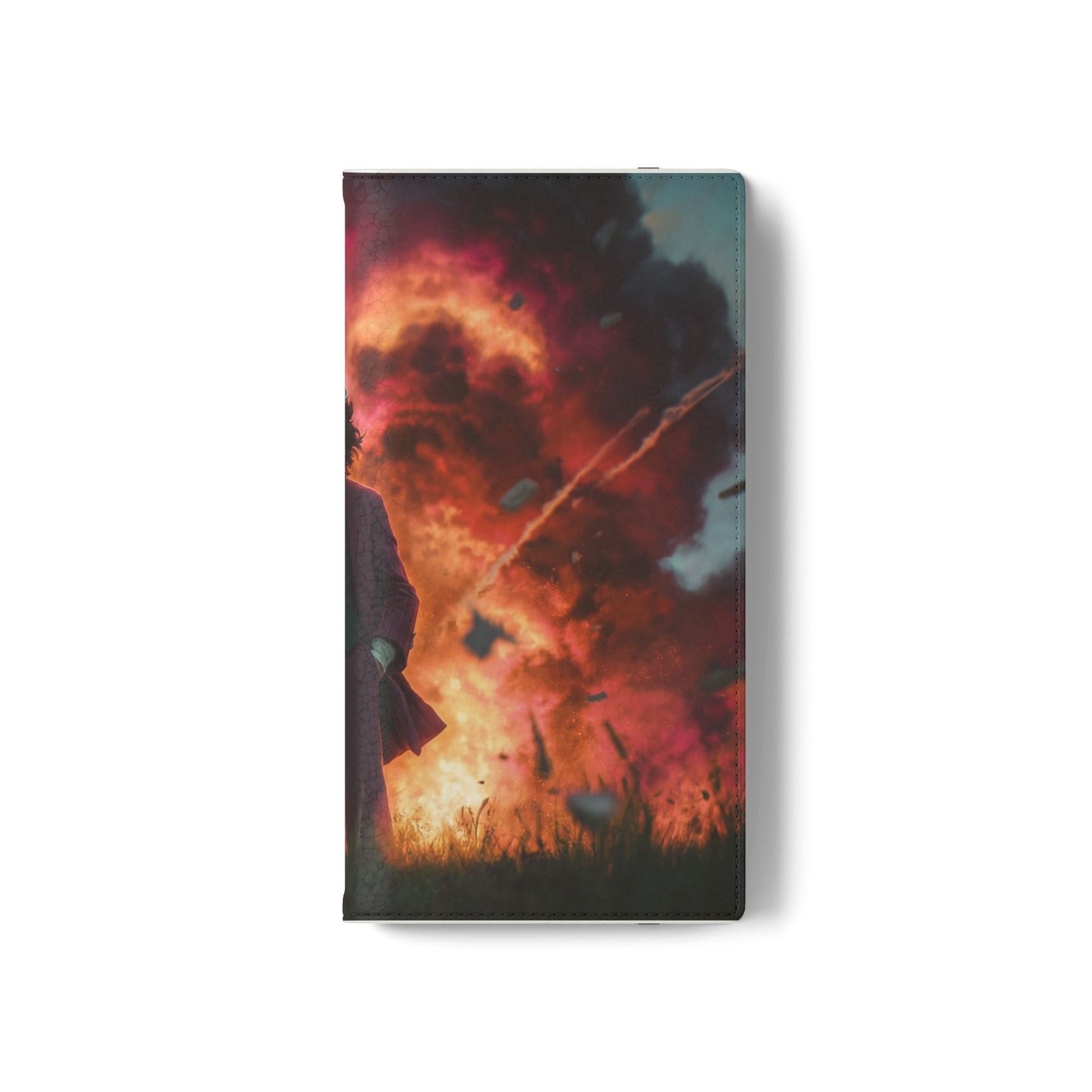 Goggles & Chaos Flip Cases – Purple Suit Amidst Fiery Explosion