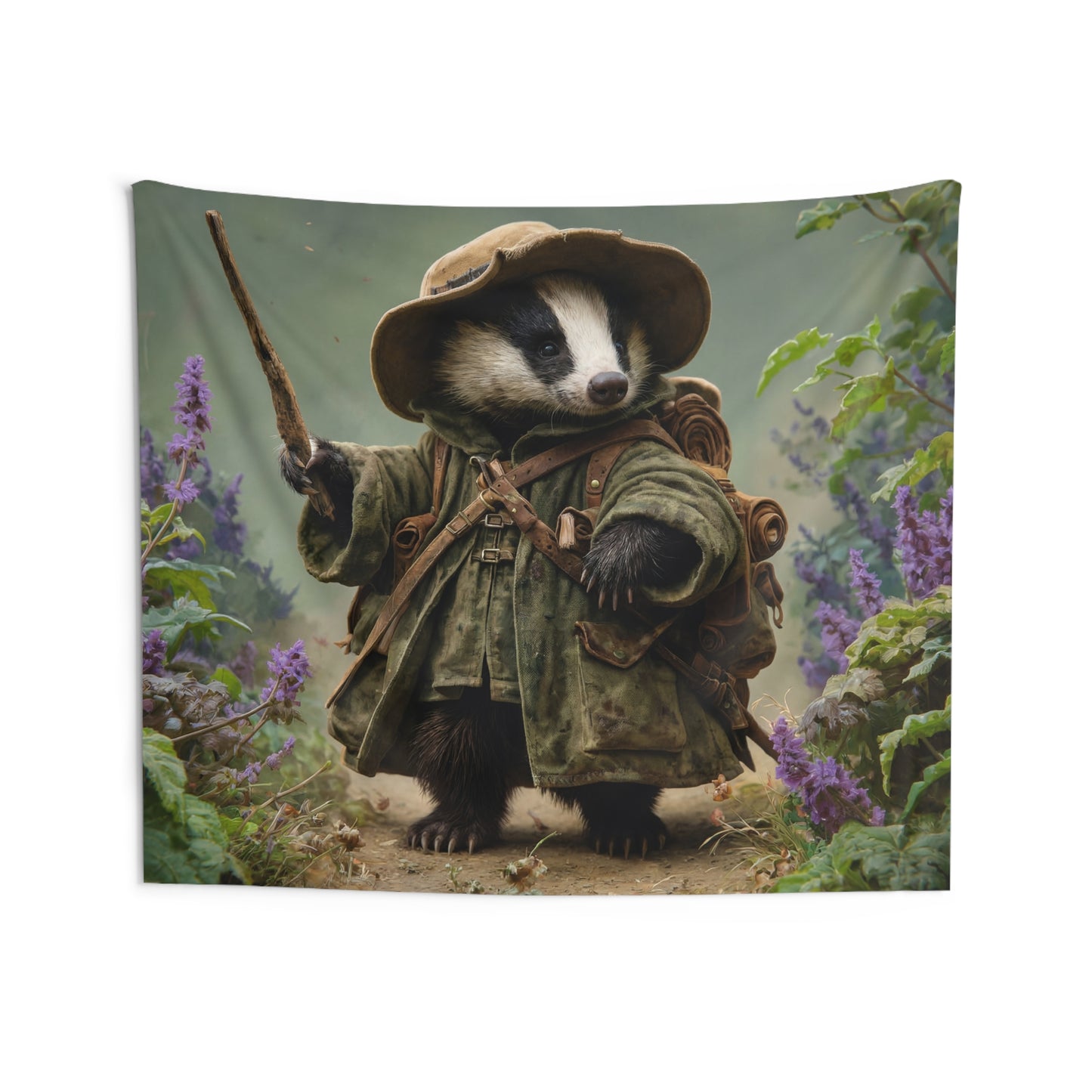 Badger Explorer Wall Tapestry – Mossy Path Through Purple Wildflowers