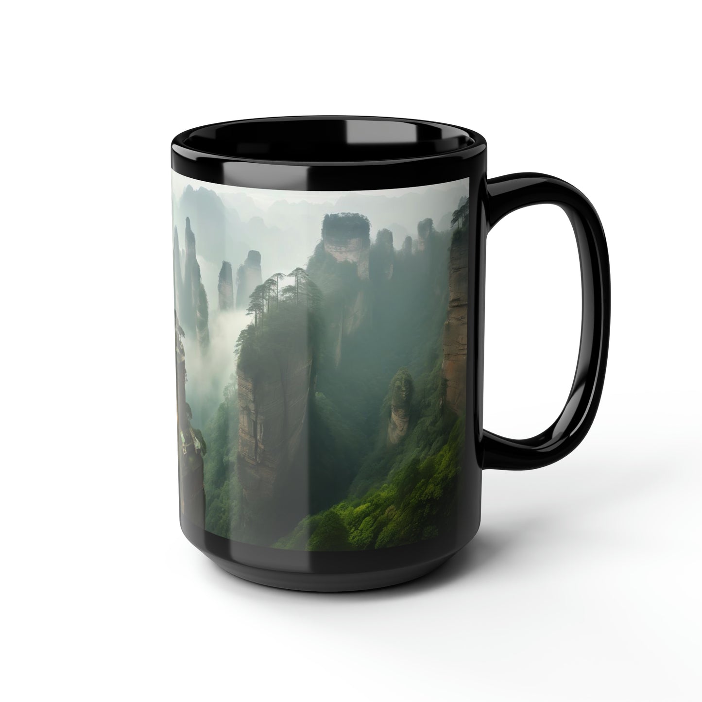 Captivating panoramic image of the Zhangjiajie National Forest Park in China, showcasing the towering sandstone pillars shrouded in mist - Mug, Black